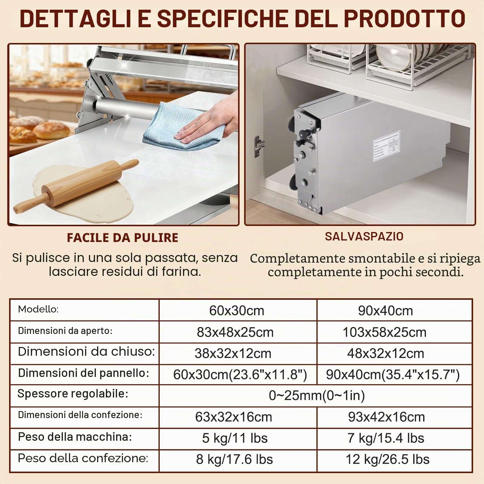 Sfogliatrice Pieghevole Portatile con Spessore Regolabile da 0 a 25 mm, Macchina per Sfoglia Commerciale per Croissant, Pizzerie e Panifici 60x30cm