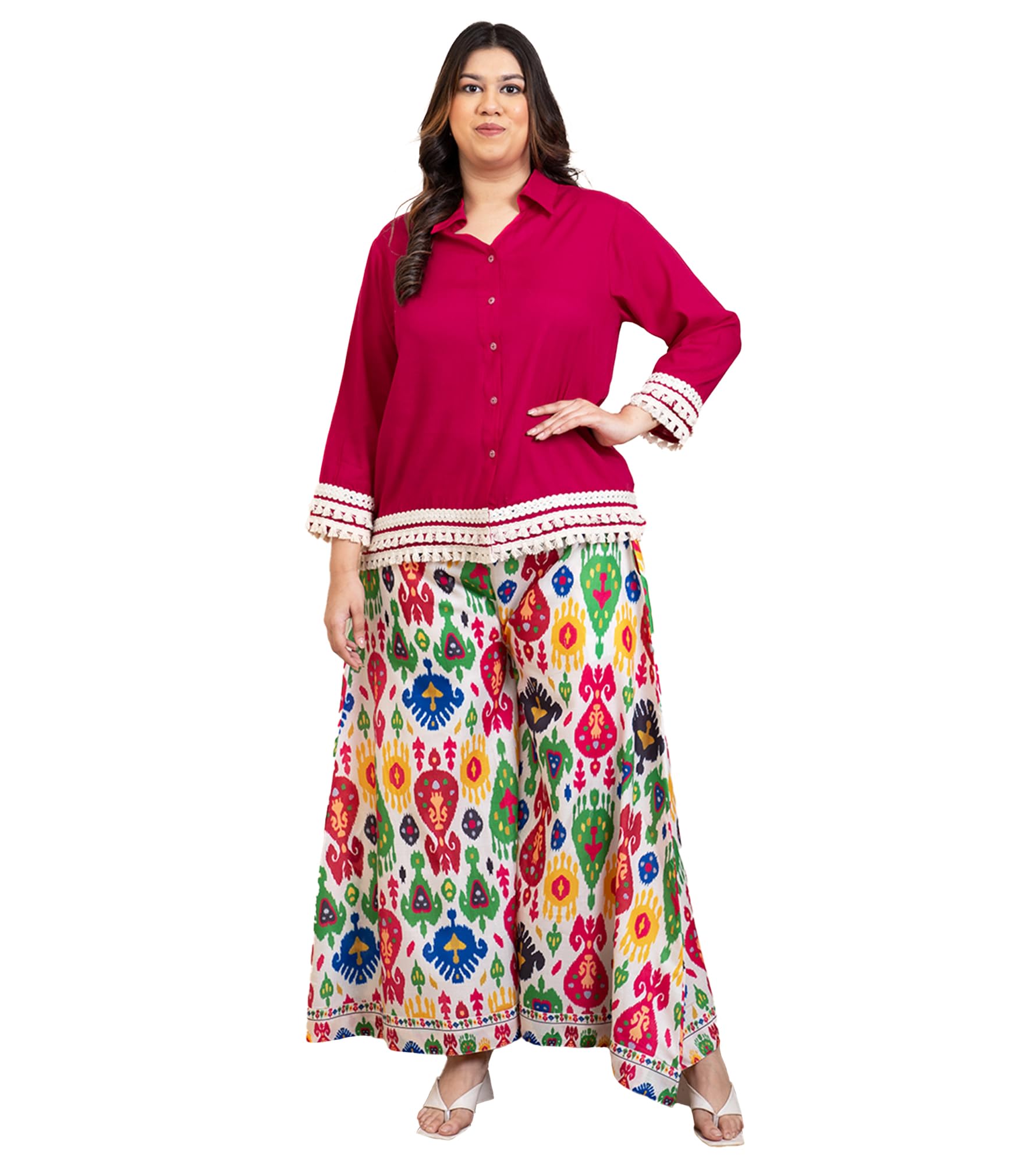 Women's Solid Rayon Ankle Length Shirt with Palazzo|Shirt Collar|Cord Set for Women Fashion|Long Jumpsuits Western Dress for Women Stylish|Latest Two Piece Co ord Set|Party Casual Wear(Red)