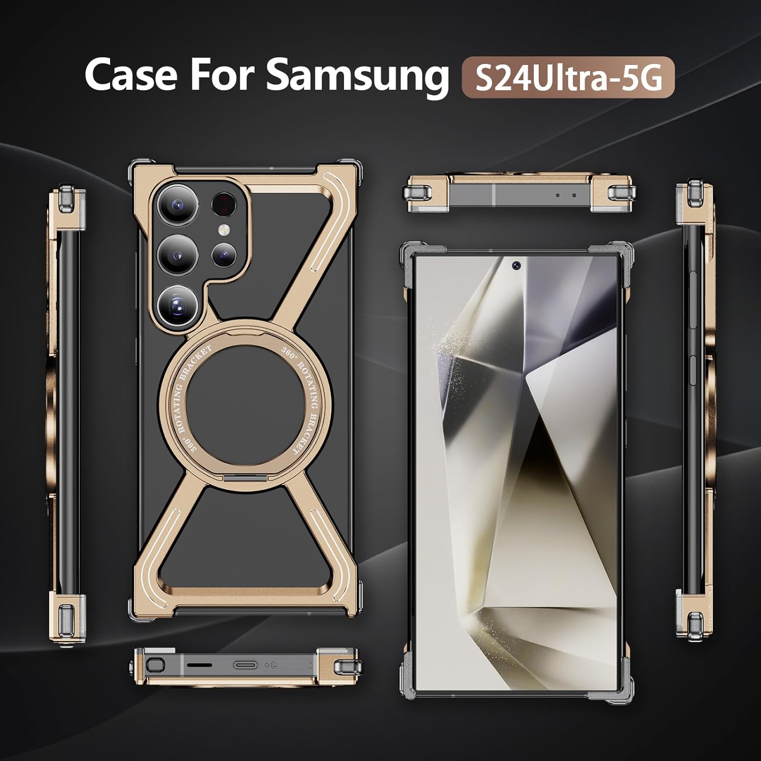 Minimalist Case for Samsung Galaxy S24 Ultra [2024 Model] - Military-Grade Shockproof Cover with 360° Rotating Aluminum Kickstand, Slim Anti-Scratch Frameless Bumper Phone Case, Desert Gold