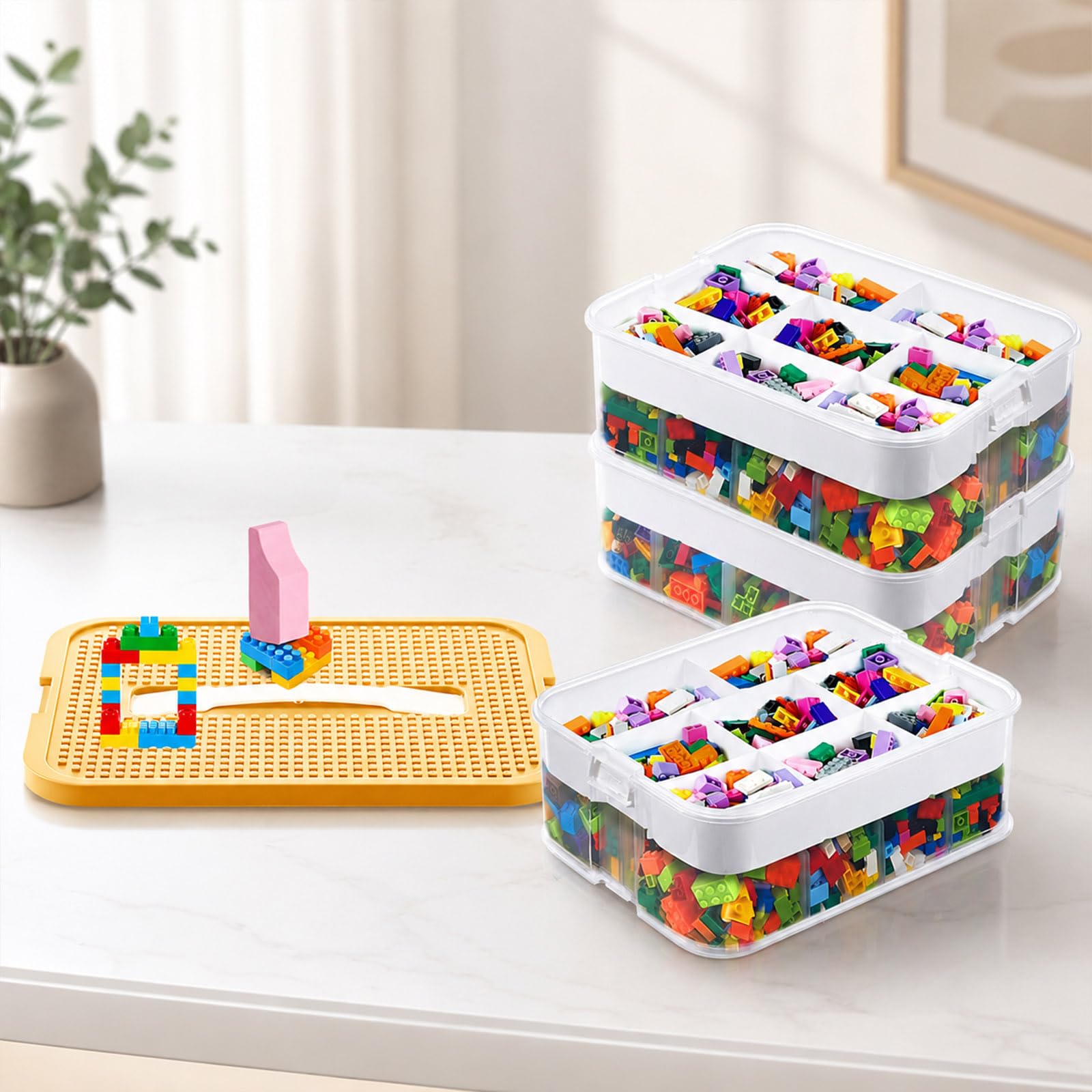 Scatola portaoggetti con coperchio per Lego, impilabile, trasparente, con scomparti regolabili, scatole portaoggetti per Lego, mattoncini, puzzle e accessori per il fai da te (3 ripiani