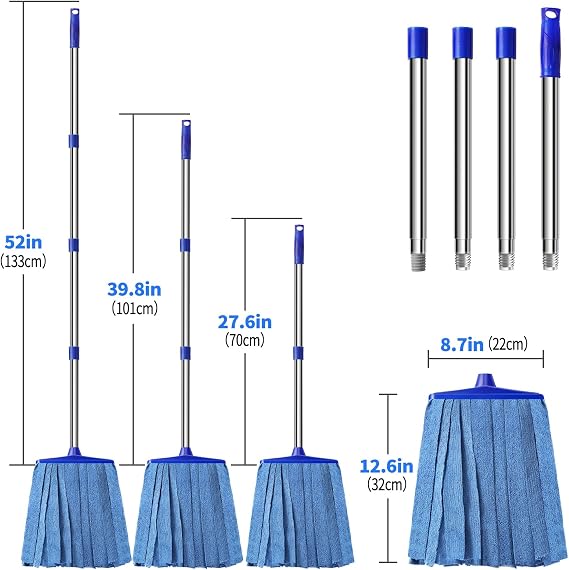 Microfiber Cloth Mop, Commercial Cloth Mops 52 Stainless Steel Handle with 1 Mop Head for Floor,Indoor and Outdoor Use , Blue