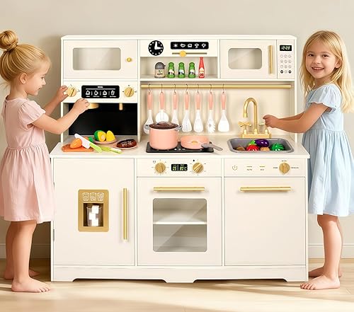 Miniatura 8 de Juego de cocina de madera para niños pequeños, juego de cocina para niños con accesorios, estufa de cocina, fregadero de juegos, comida de juego,
