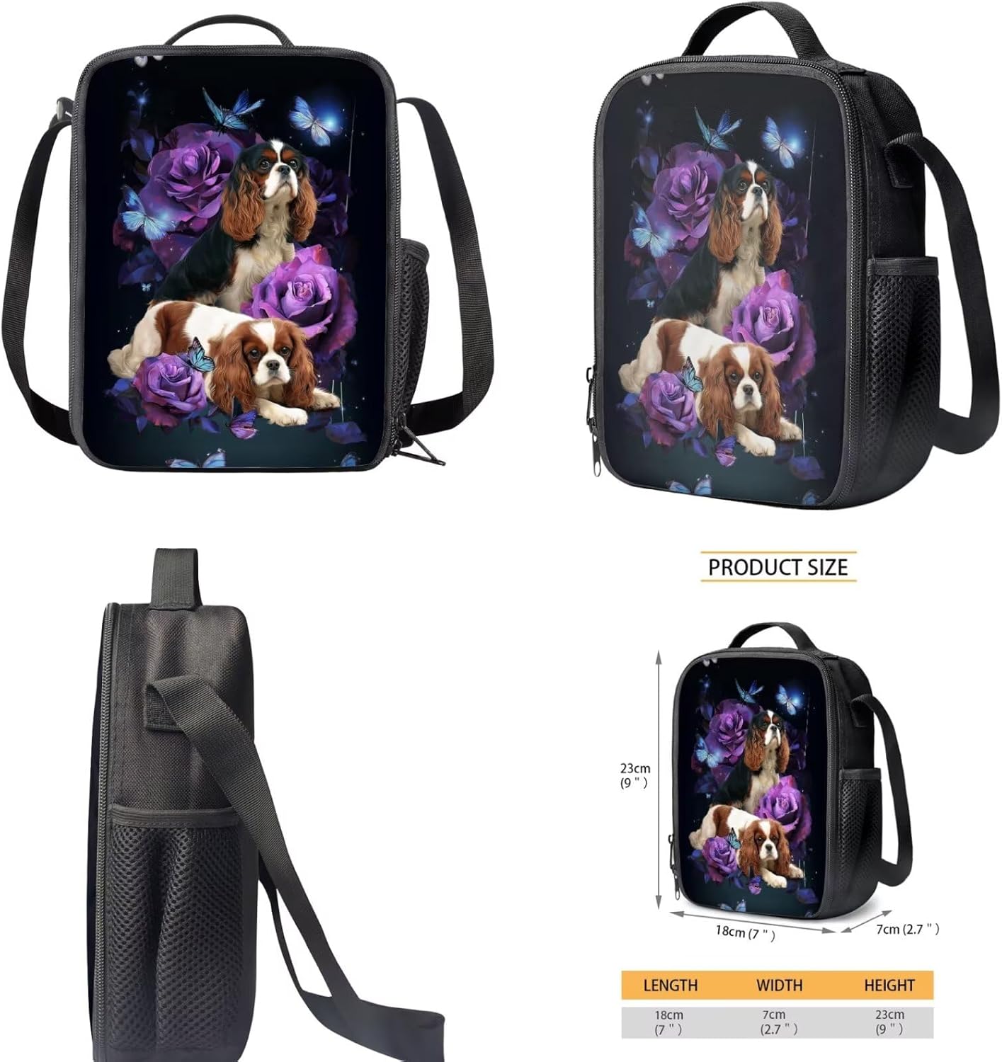 Cavalier King Charles Spaniel Dog Backpack with Lunch Box Kids Girls 6-8 Kids Elementary School Bookbag Lunch Bag Pencil Case Water Bottle Holder Butterfly Rose Back Pack Toodler Back Pack