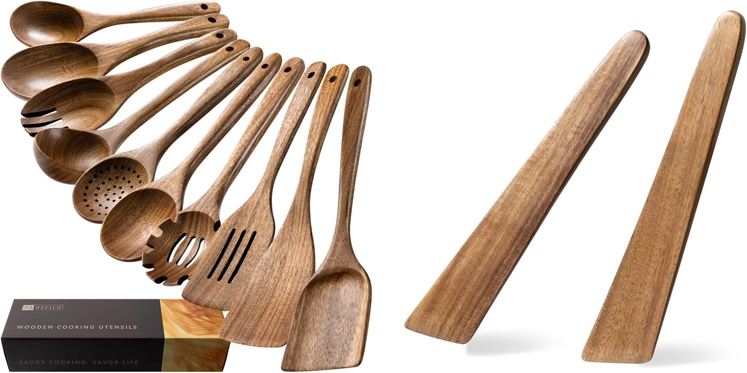 Wooden Spoons for Cooking, Nonstick Cooking Utensil Set with 10 Piece Acacia Wood Spatulas and Spoons & Spatula for Cooking Set of 2 – 12 Inch Acacia Wood Spatula with Thin Edge