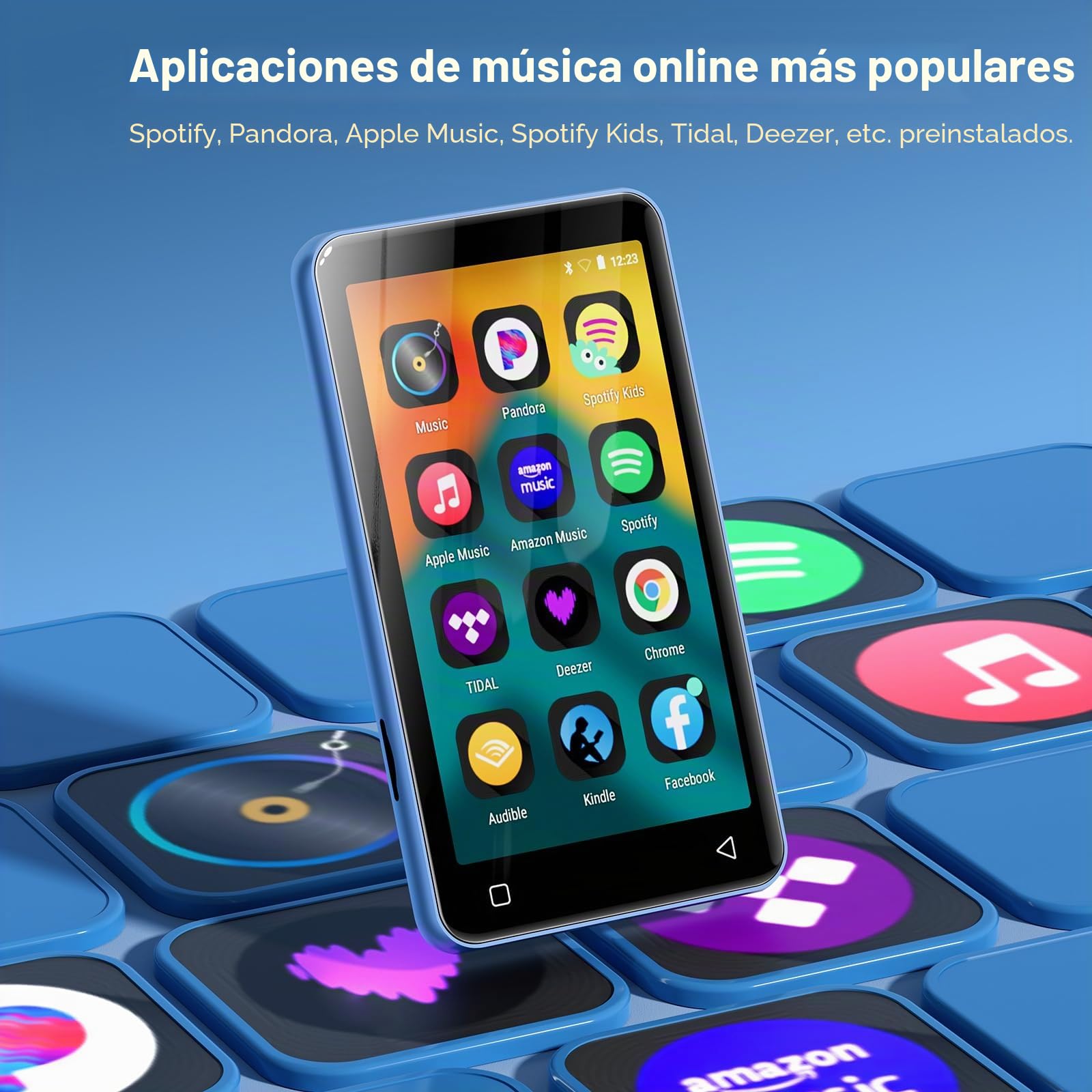 Innioasis 80 GB Reproductor MP3 con Bluetooth y WiFi, Reproductor de música Mp3 y Mp4 ave Spotify, Kids, Tidal, Deezer, Reproductor de vídeo con pantalla táctil de 4 pulgadas, 1080 P(blanco y azul)