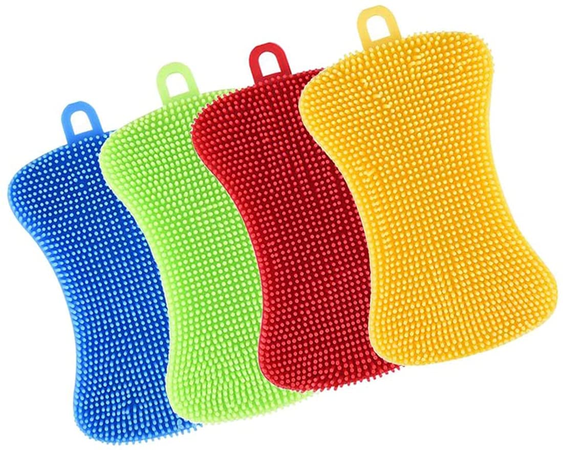 Silicone Sponges 4 Pieces Antibacterial Dishwashing Sponge Scrubber Kitchen Cleaning Multipurpose Dishwashing Sponges and Dirt Cleaning Sponge for Kitchen Dish Bowl Fruit