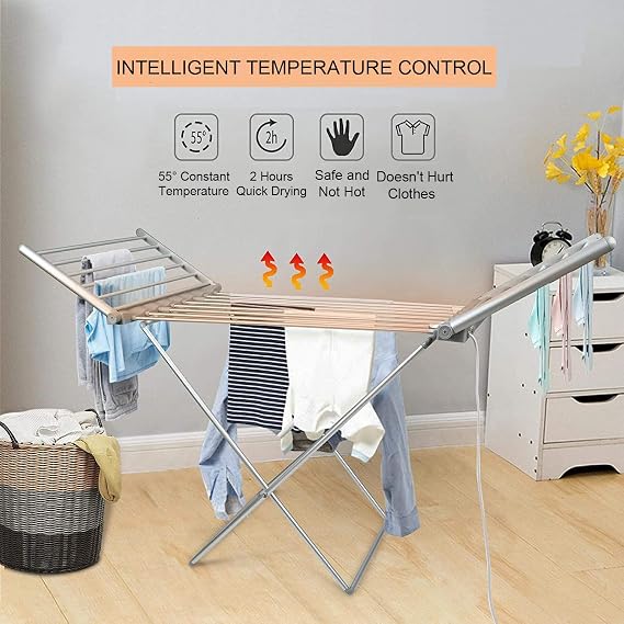 Electric Heated Clothes Dryer Rack, Home Horse Rack Fast Laundry Drying, Folding Clothes Airer, 45-55C Constant Temperature Heating, 18 Heated Bars
