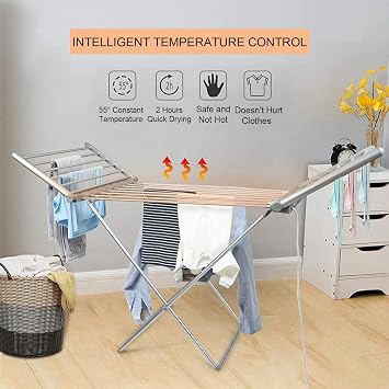 Electric Heated Clothes Dryer Rack, Home Horse Rack Fast Laundry Drying, Folding Clothes Airer, 45-55C Constant Temperature Heating, 18 Heated Bars