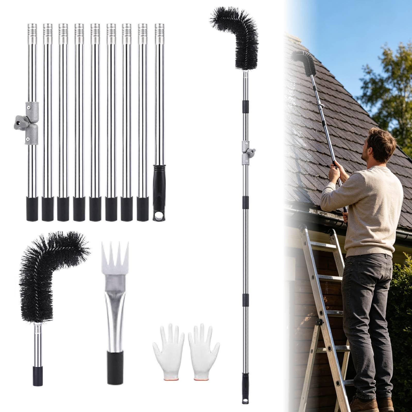 Extra Long Telescopic Gutter Cleaner, 4m Aluminum Roof Gutter Cleaning Tools Kit with 180° Swivel Head, Gutter Brush, Leaf Shovel & Rake for Guard Debris Removal (B)