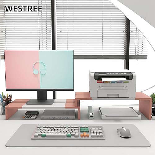 Miniatura 3 de WESTREE Soporte para monitor doble, soporte elevador para monitor, soporte para monitor de computadora de 2 estantes con longitud y ángulo