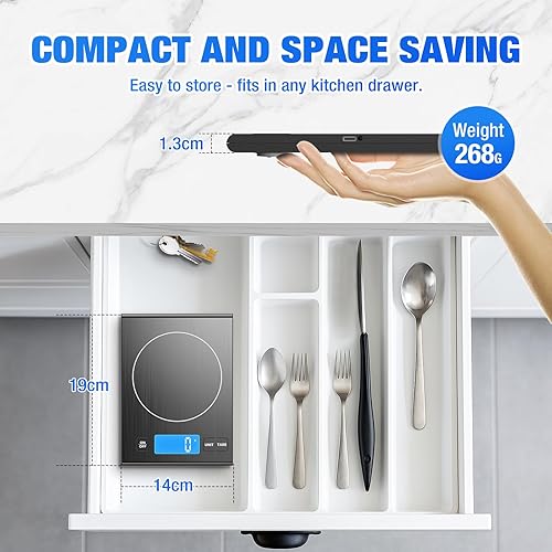 Miniatura 7 de Diyife - Báscula de cocina recargable de acero inoxidable 304, báscula digital de alimentos de 33 libras con pantalla LCD, baterías y carga tipo C,