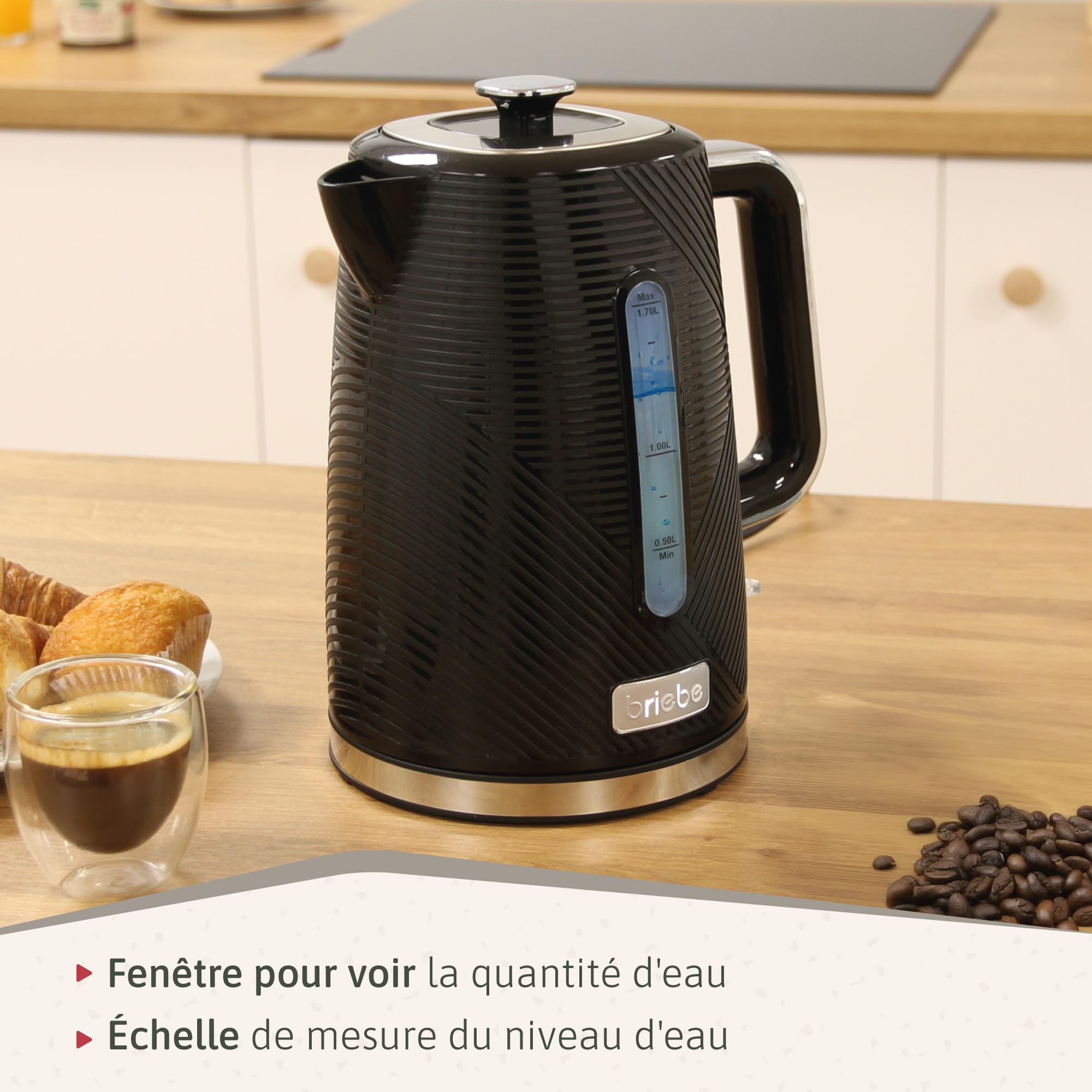 briebe Elegance Ensemble Grille Pain 2 Fentes Tranches Larges + Bouilloire Électrique 1,7 L, 2200W, sans BPA + Cafetière Filtre 10 Tasses, Pack Petit Déjeuner Électroménager, Design Moderne, Noir