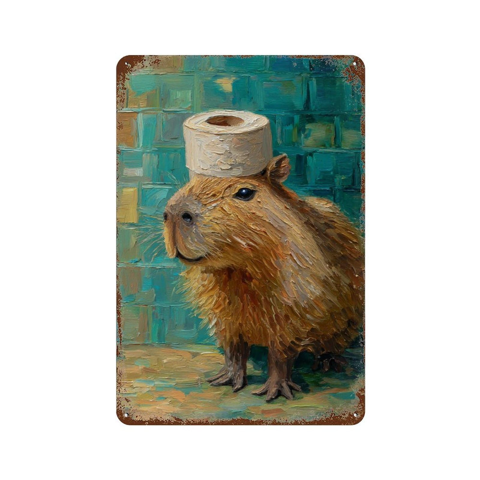 Garage Style Capybara with Toilet Paper Hat-1 Rust Effect Tin Sign 11.8"x7.9", Classic Wall Plaque for Bar And Workshop
