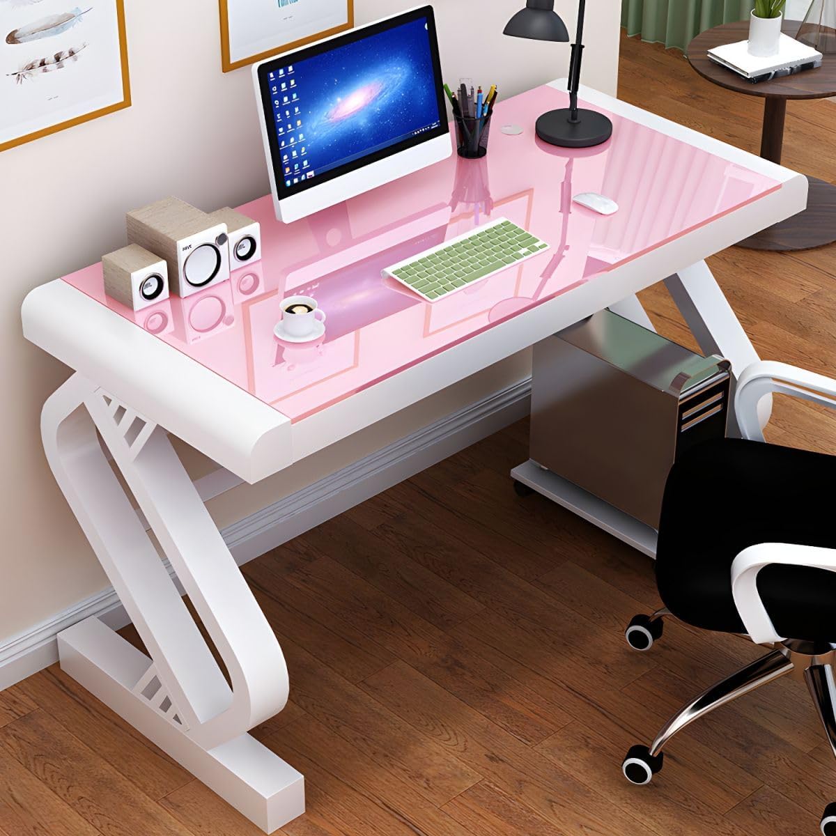 KWOKING Tempered Glass Computer Desk Cable Management Writing Desk,29.5-inch High Computer Desk Desktop Student Study Desk Office Writing Desk White Base Pink Table Top 55.1" L x 23.6" W x 29.5" H