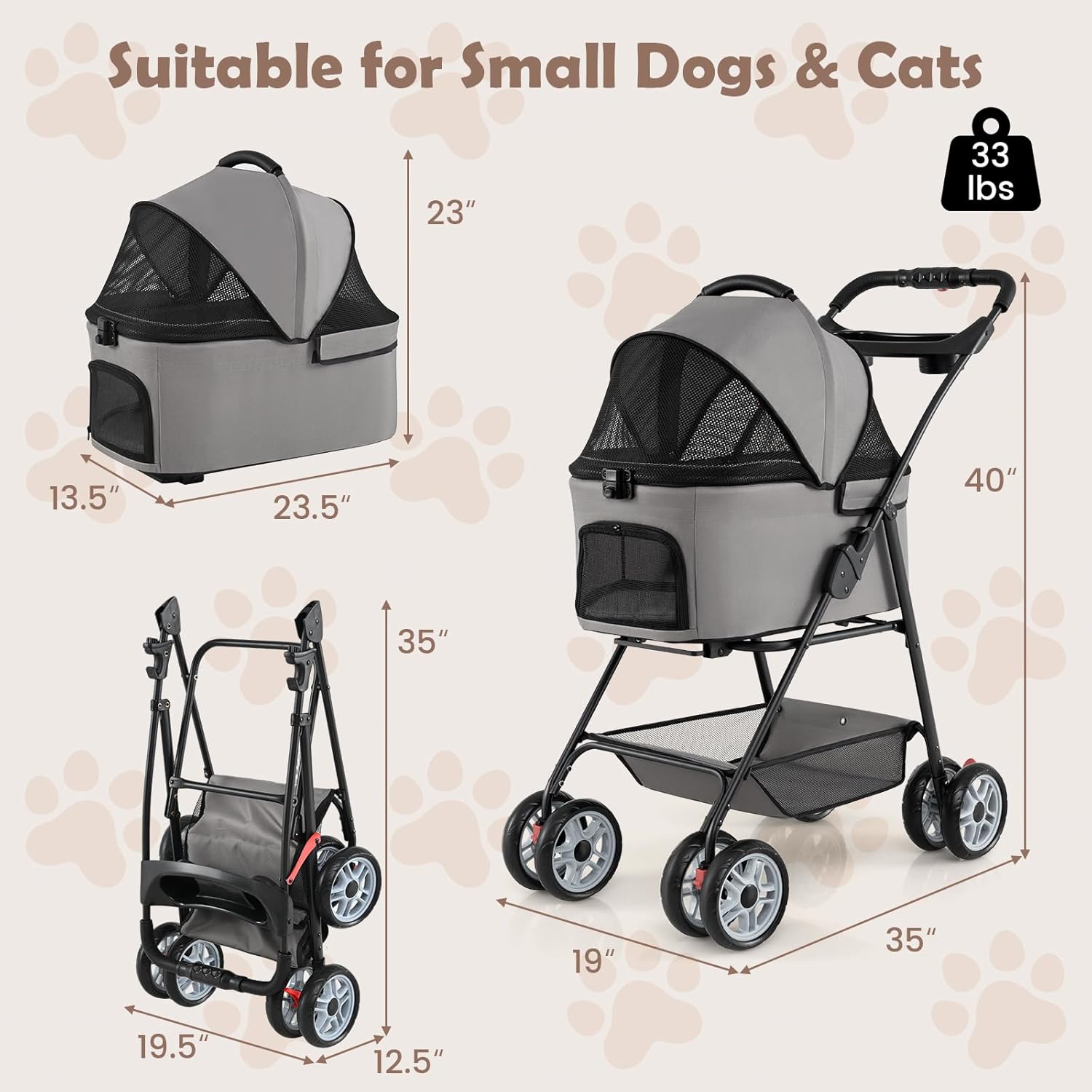 PETSITE 4 Wheels Pet Stroller, One-Click Foldable Dog Strollers for Small Dogs with Detachable Carrier, Breathable Mesh, Waterproof Cover, Storage Basket, Cup Holders, Ideal for Dogs Cats up to 33 lbs