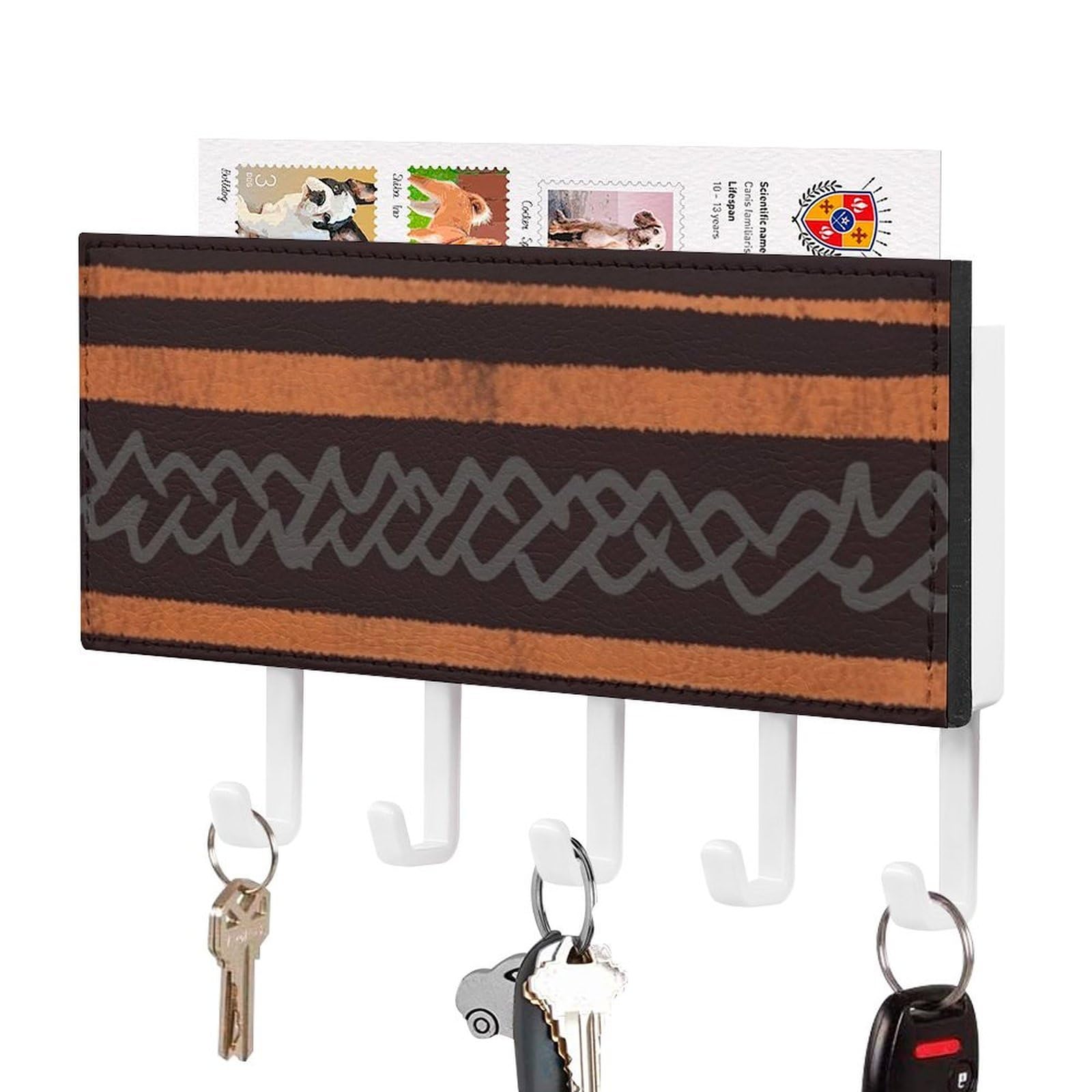 DWVTSLH African Mud Cloth Tribal Key Holder for Wall, Decorative Key Hooks with Mail Organizer & 5 Hooks, Self Adhesive Leather Key Hanger for Entryway, Wall Mounted Key Rack (7.1” X 4.3” X 0.9”)