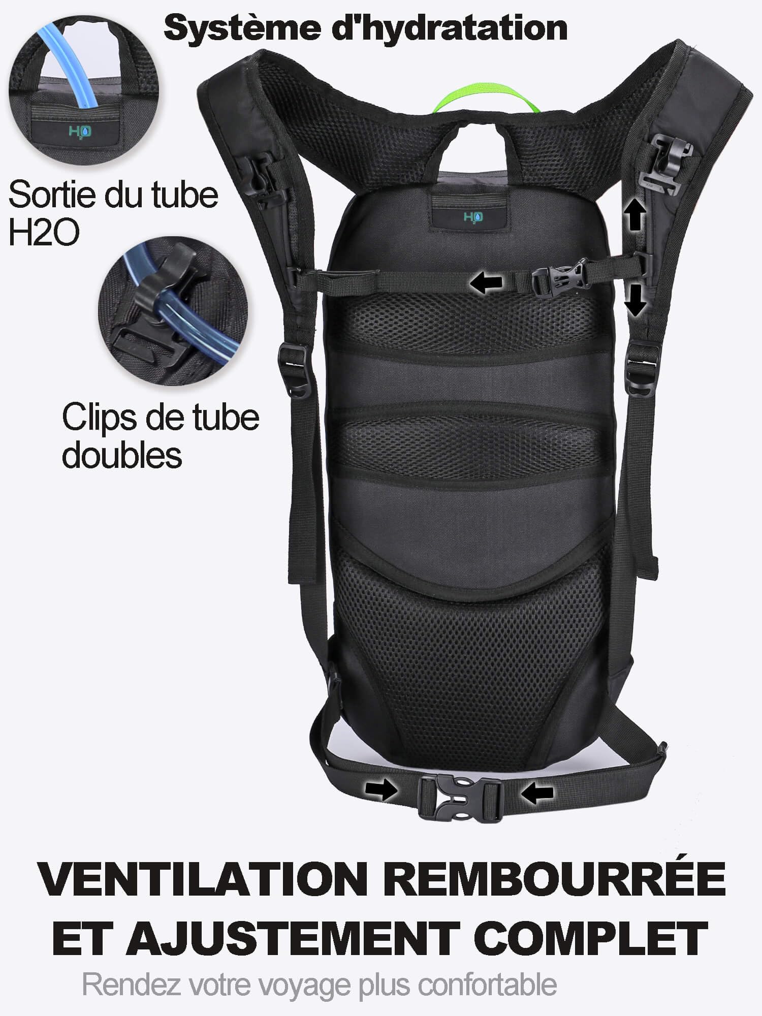 Sac à Dos d’hydratation 6L avec Poche à Eau 2L, Sac vélo et VTT léger, Respirant avec Sangles réglables, idéal pour randonnée et Course à Pied, Homme Femme