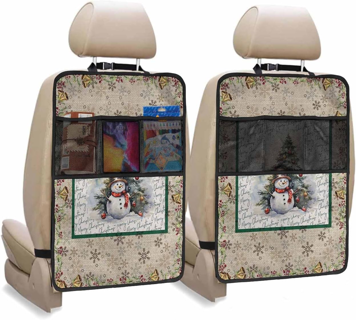 Car Seat Protector, 2 Pack Kick Mats with Organizer - 3 Pocket Storage, Christmas Snowman Xmas Tree Holly Bell Graffiti Retro Back Seat Cover for Kids Universal Fit Automotive Interior Protectors