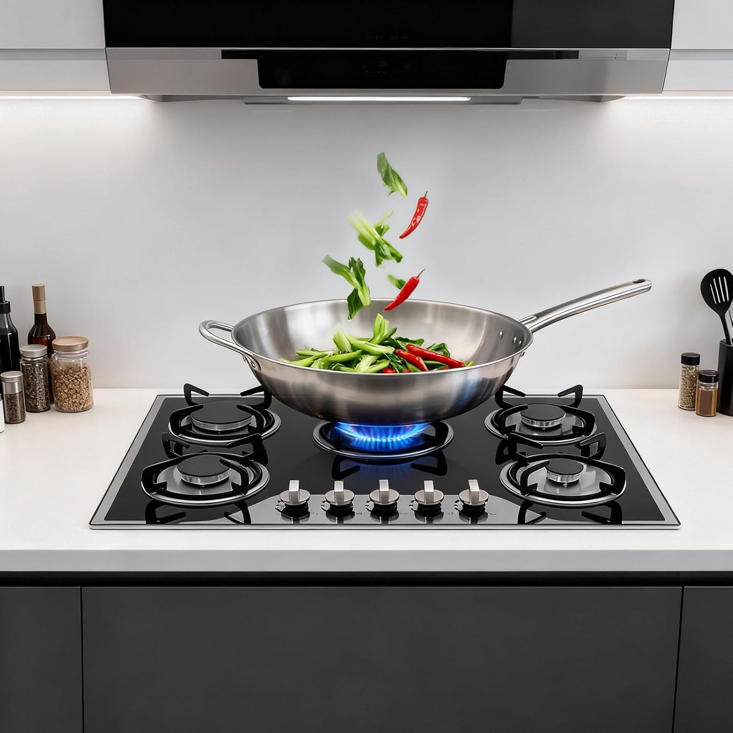 30" Gas-Cooktop, 5 Burners Gas-Stovetop, LPG/NG Convertible Gas Stove Top with Battery Automatic Pulse Ignition, Durable High Efficiency Gas-Hob for Home Kitchen Cooking
