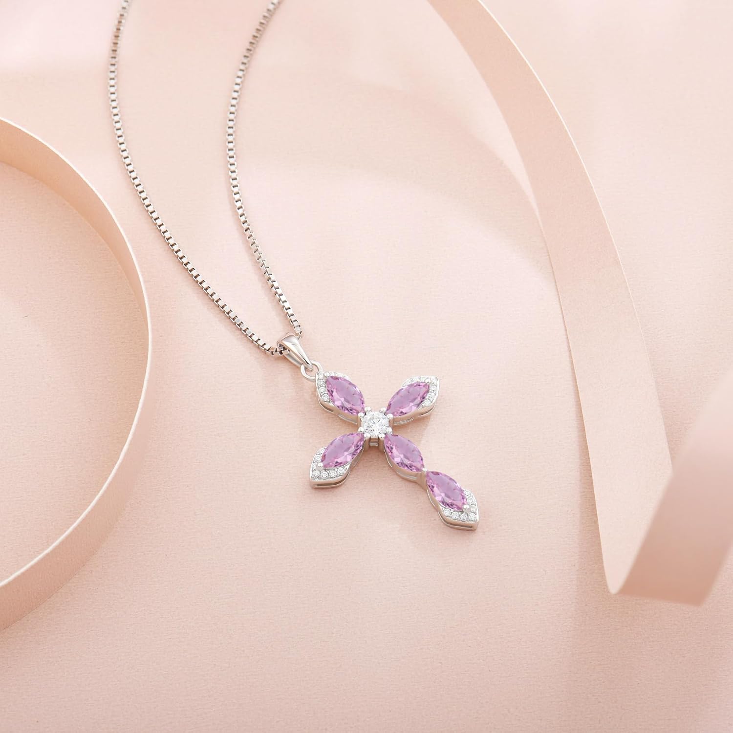 Women Cross Necklace 925 Sterling Silver Halo Gemstone Necklace Crucifix Religious Pendant Birthstone Jewelry Gifts for Her - Image 4