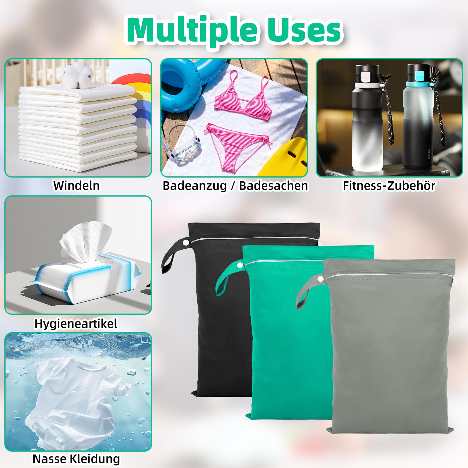 3 Pezzi Borsa Impermeabile, 40 x 30 cm Wet Bag per Costumi da Bagno Sacca Impermeabile con Cerniera, Borsa Viaggio Riutilizzabile per Costumi da Bagno, Asciugamani da Spiaggia(Grigio,Verde,Nero)