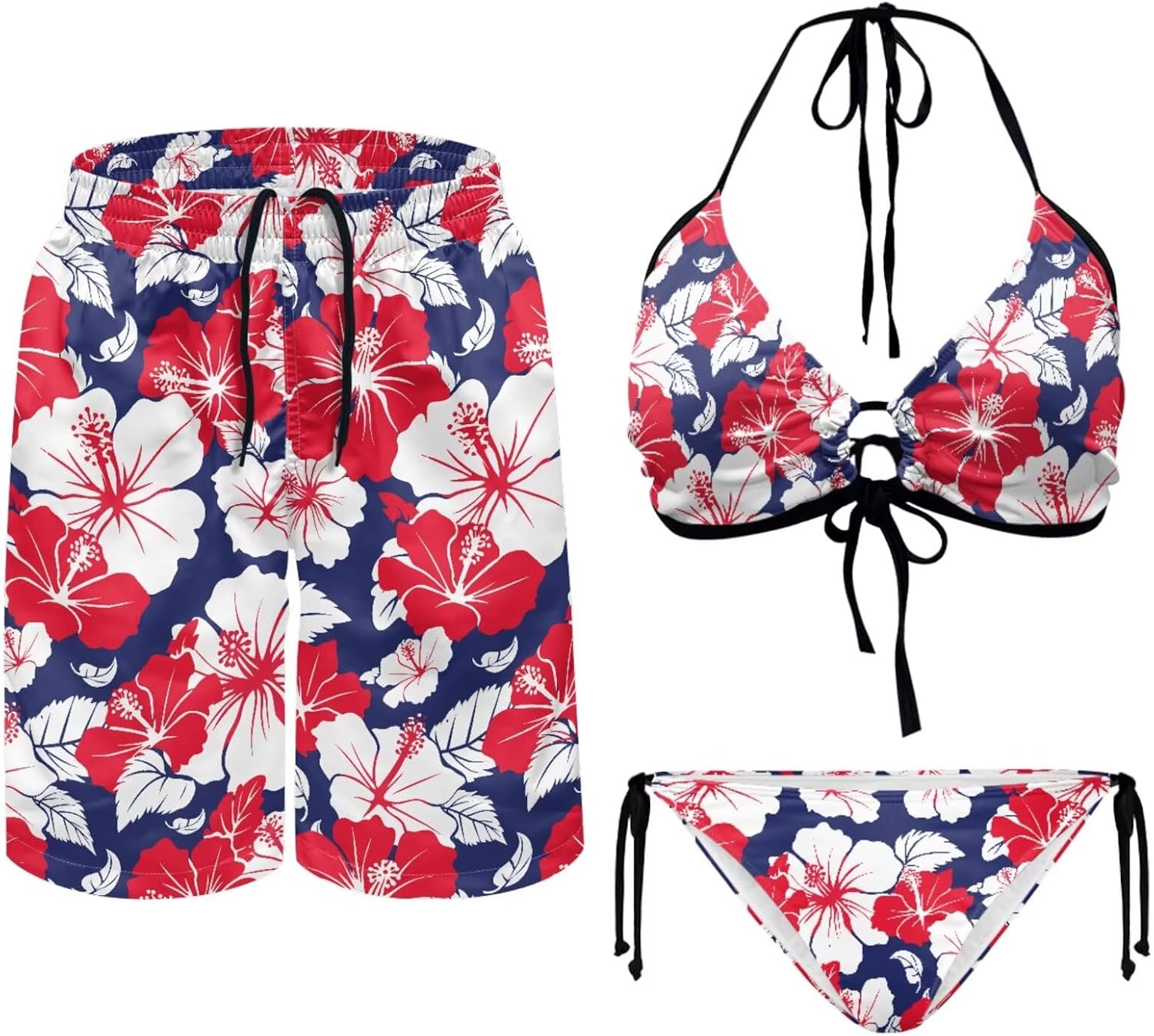 Couples Matching Swimsuits Hawaiian Women's Bikini Sets with Men's Swim Trunks