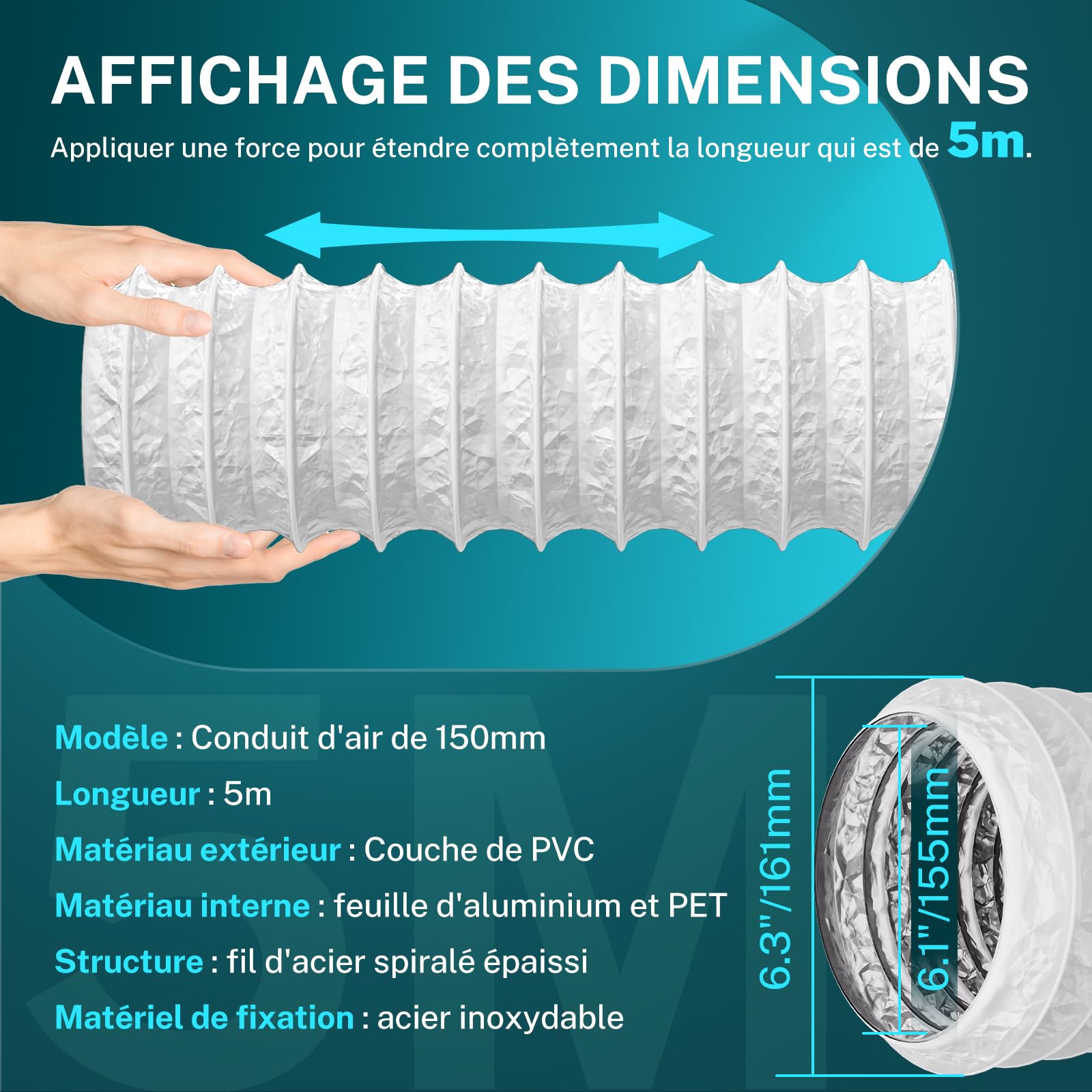 Hon&Guan 100mm Tuyau d'Evacuaton Flexble en Alumnum PVC 5m Long Hon&Guan 100mm Tuyau d'Evacuaton Flexble en Alumnum PVC 5m Long