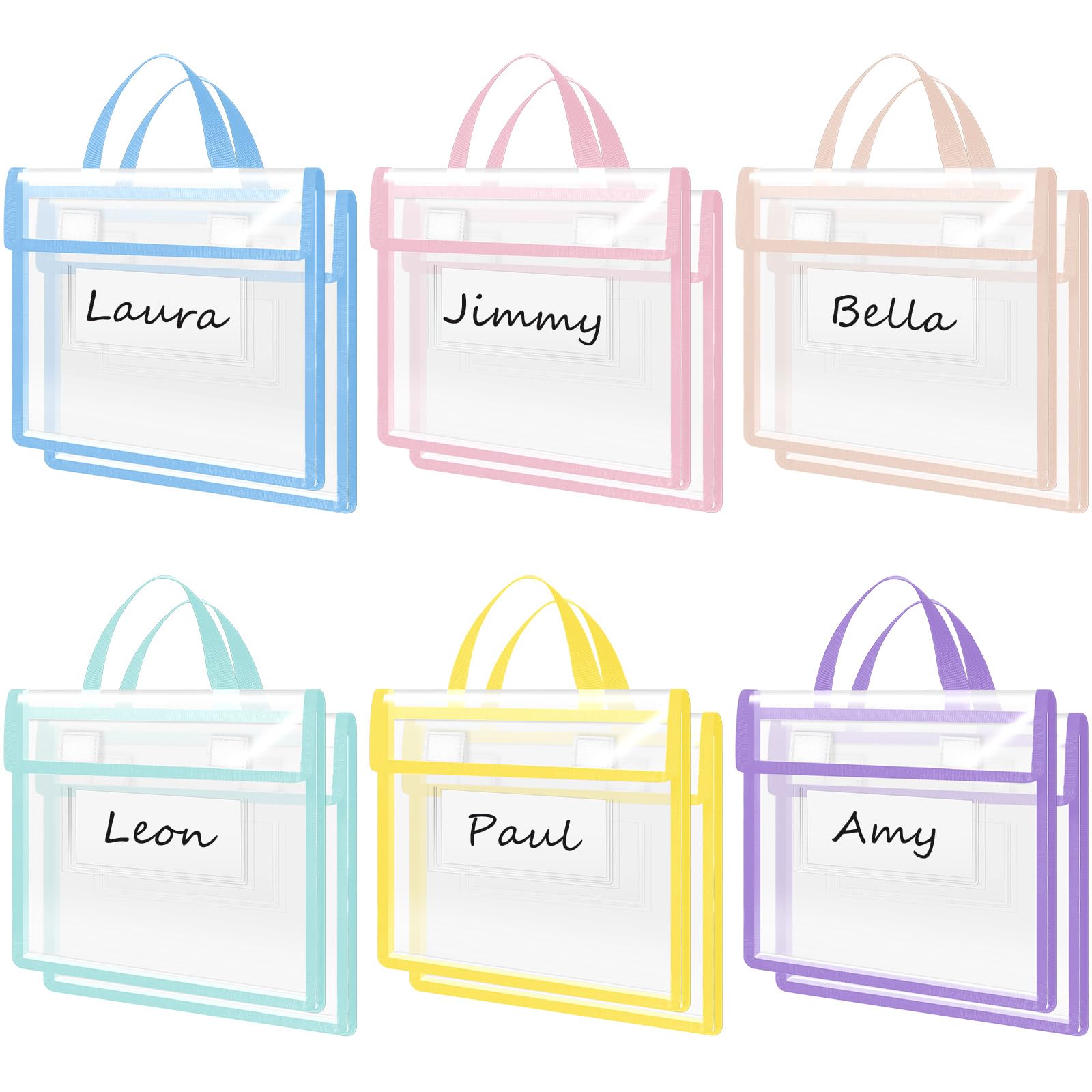 Photo 1 of Teling 12 Pack Thick Clear Book Pouches with Blank Name Tags and Handles Book Baggies Bags Bins Organizer for School Classroom Library Pockets Students (14 x 11 Inch,Pastel Color)