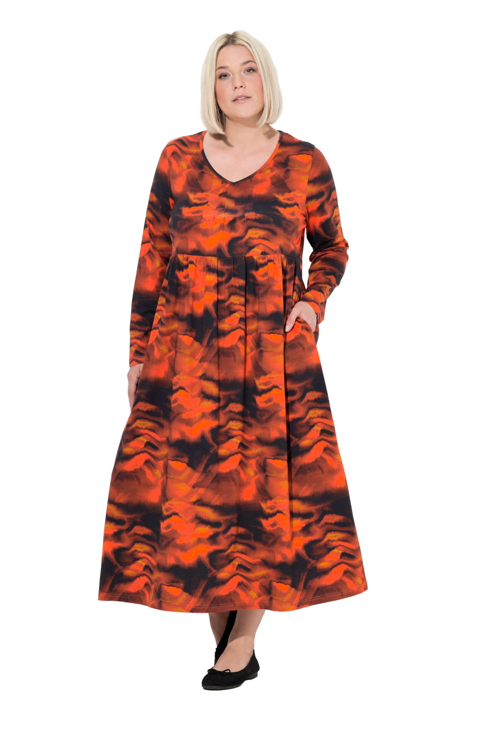 Ulla Popken Damen große Größen Übergrößen Plus Size Maxikleid, A-Linie, V-Ausschnitt, Langarm, Taschen 844593