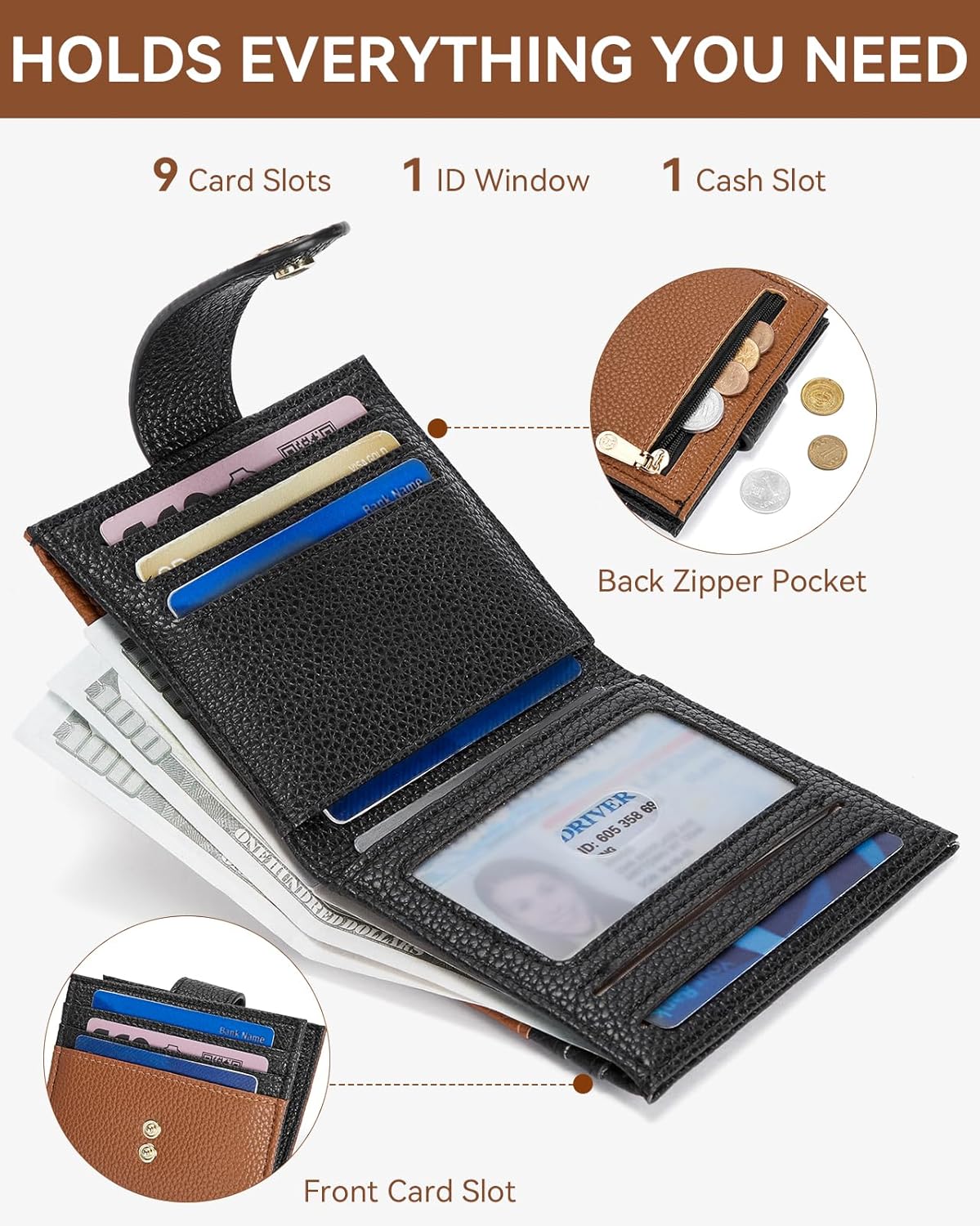 BOSTANTEN Slim Wallet for Women Small RFID Blocking Credit Card Holder Leather Bifold Wallets with Zipper Coin Pocket Black＆Brown - Image 2