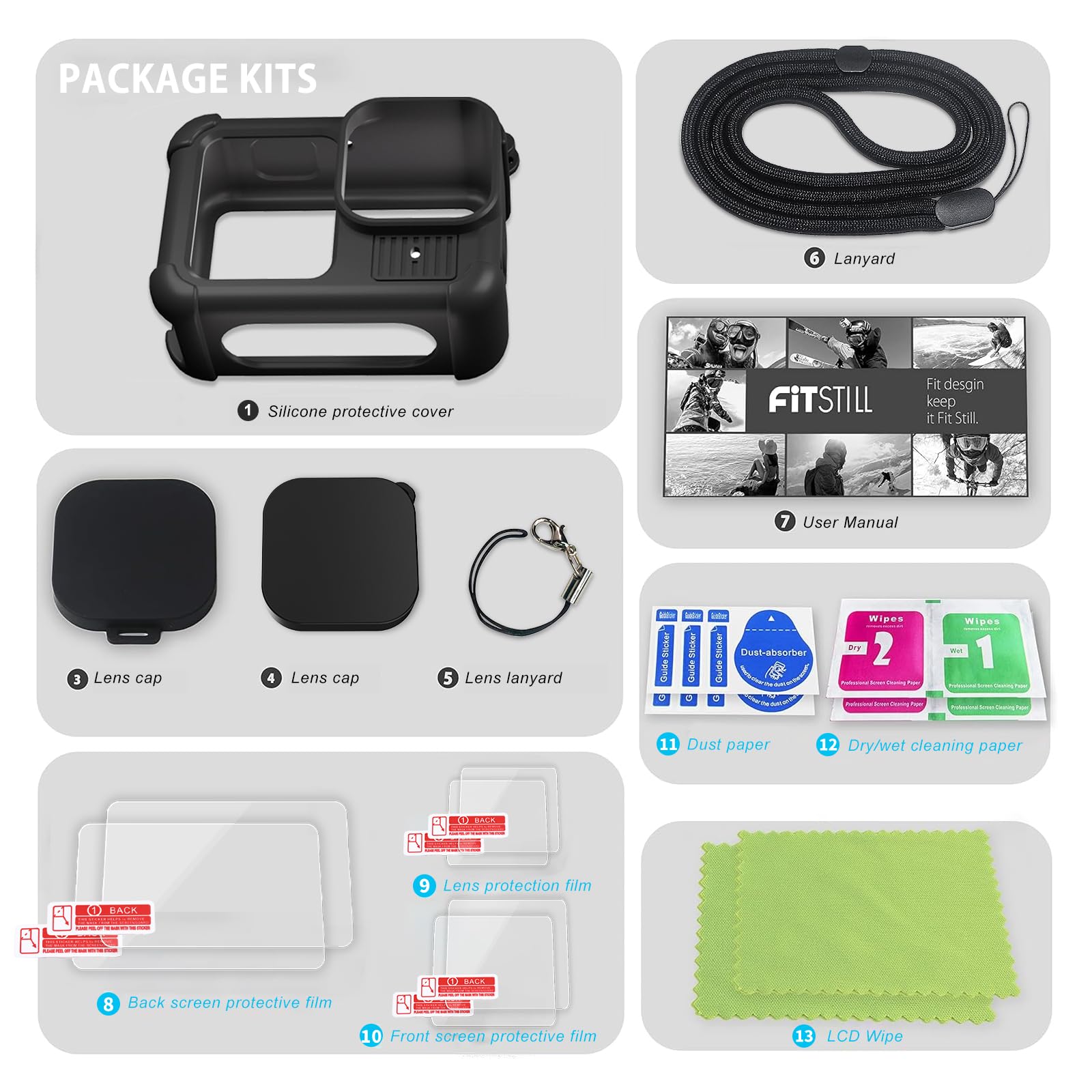Kit Accesorios GoPro Hero 13 Black - Funda Silicona, Protectores Cristal, Lanyards - Protección Completa
