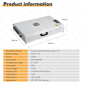 New Upgrade DTF Oven,Double Side Heat Dryer Oven,Fast Curing Heater with LED Digital Controller, 0 to 140℃ Temperature Range,for DTF PET Film Baking