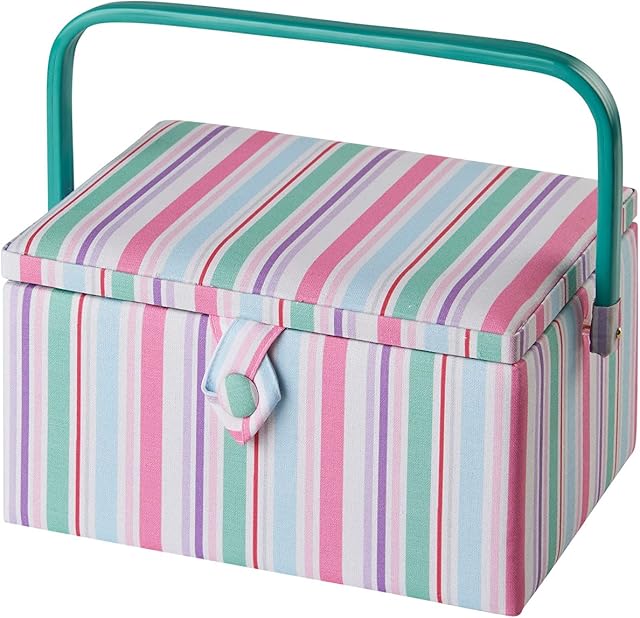 Sewing Online Medium Sewing Box,Multicolour Stripe Fabric | 26 x 18 x 15cm | Storage and Organiser Basket with Compartments for Sewing Supplies,Accessories,Thread,Needles,and Scissors - GA1122M