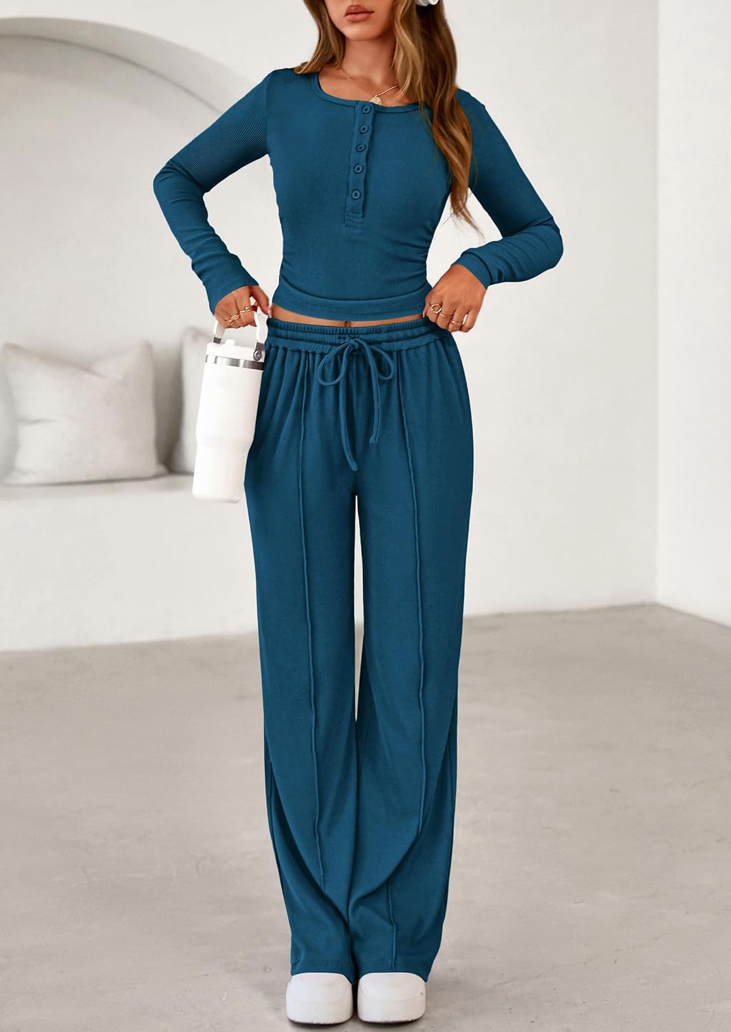 PRETTYGARDEN Women's 2026 Fall Trendy 2 Piece Outfits Lounge Sets Long Sleeve Top Henley Shirts Wide Leg Pants Travel Clothes