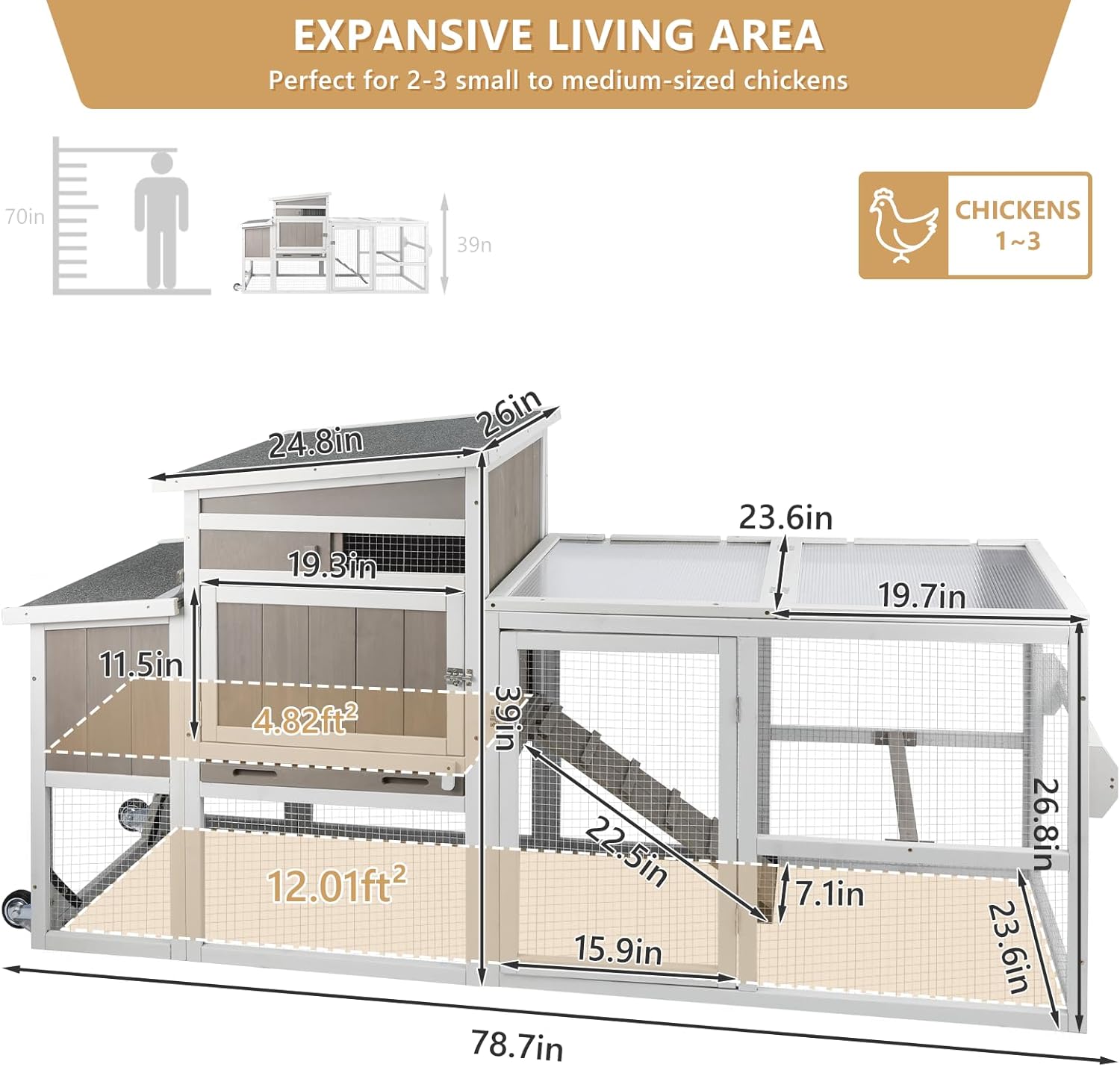 PetsCosset Chicken Coop with Run, Mobile Hen House with Wheels, Indoor/Outdoor Rabbit Hutch, Predator-Resistant, Nesting Box, 3 Perches, Tray, Combinable Design, for Chickens and Bunnies, Grey