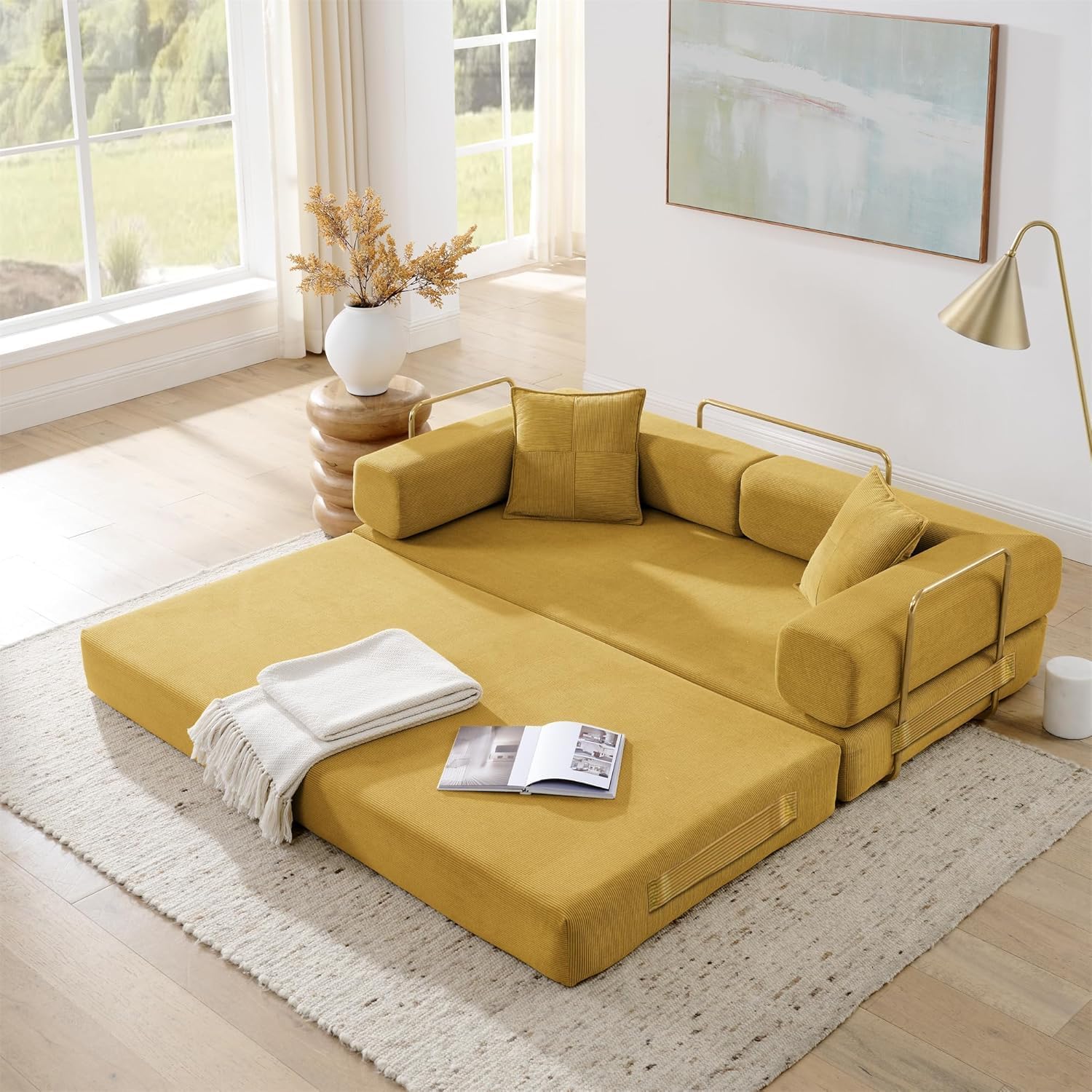 Convertible Sleeper Sofa Bed, Boneless Couch with Fixed-Shape Frame, 78" Corduroy Fold Out Floor Sofa Couch, Modern Foldable Mattress Couches for Living Room,Yellow