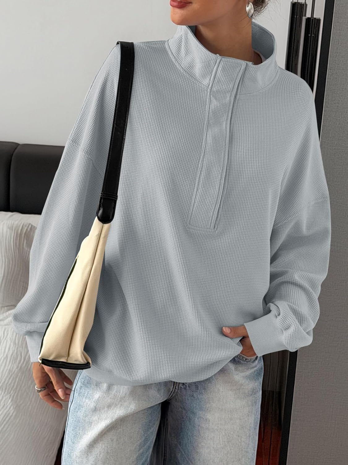 Fisoew Womens Waffle Knit Oversized Sweatshirt Casual Snap Stand Collar Long Sleeve Pullover Tops Fall Travel Outfits - Image 4