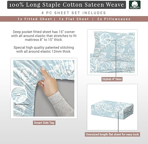 Miniatura 3 de Pizuna Sábanas de algodón azul con estampado floral simple para cama tamaño Queen, 400 hilos, sábanas de satén 100% algodón de fibra larga, tamaño