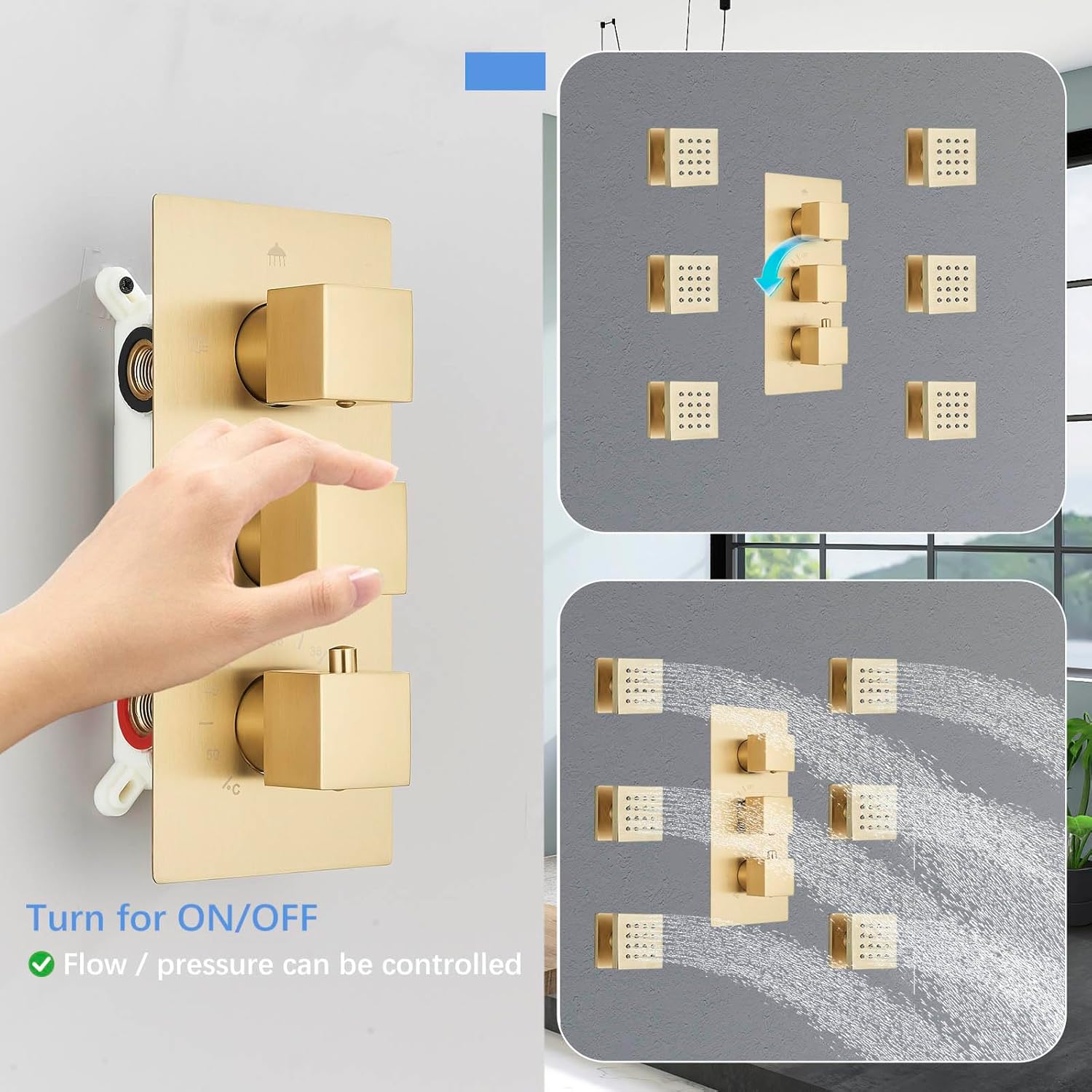 Thermostatic Shower System with Body Jets 12" Ceiling Rainfall Shower Faucet Fixtures Set with Mixer Valve and Handheld Brass Shower Combo Kit for Modern Bathroom， Brushed Gold