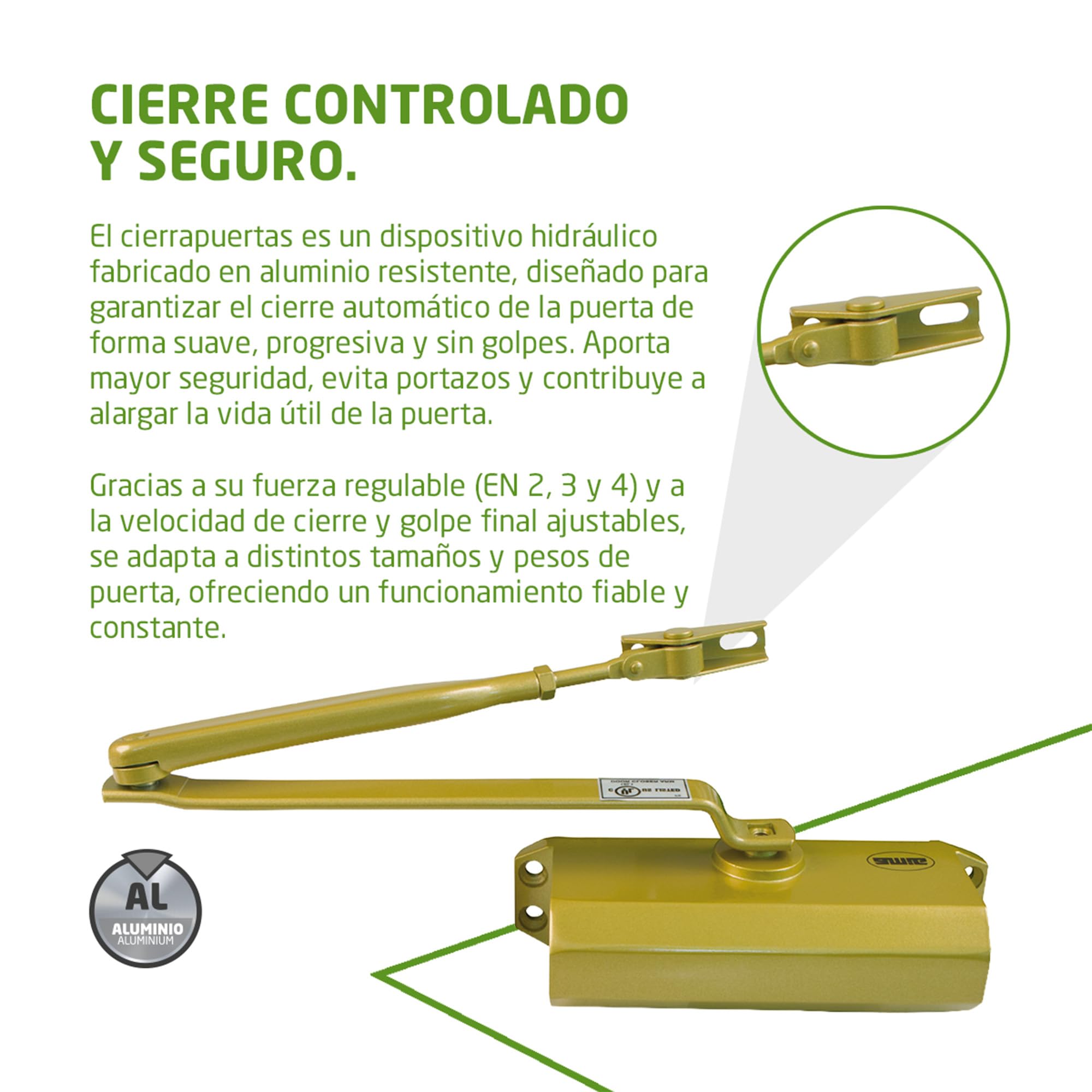 Amig - Cierrapuertas para Cierre Automático de Puertas de Peso Max 40 kg, Ancho Max 85 cm - De Aluminio con Acabado Dorado Mate - Evita Accidentes por Portazos o Corrientes de Aire, Incluye Tornillos
