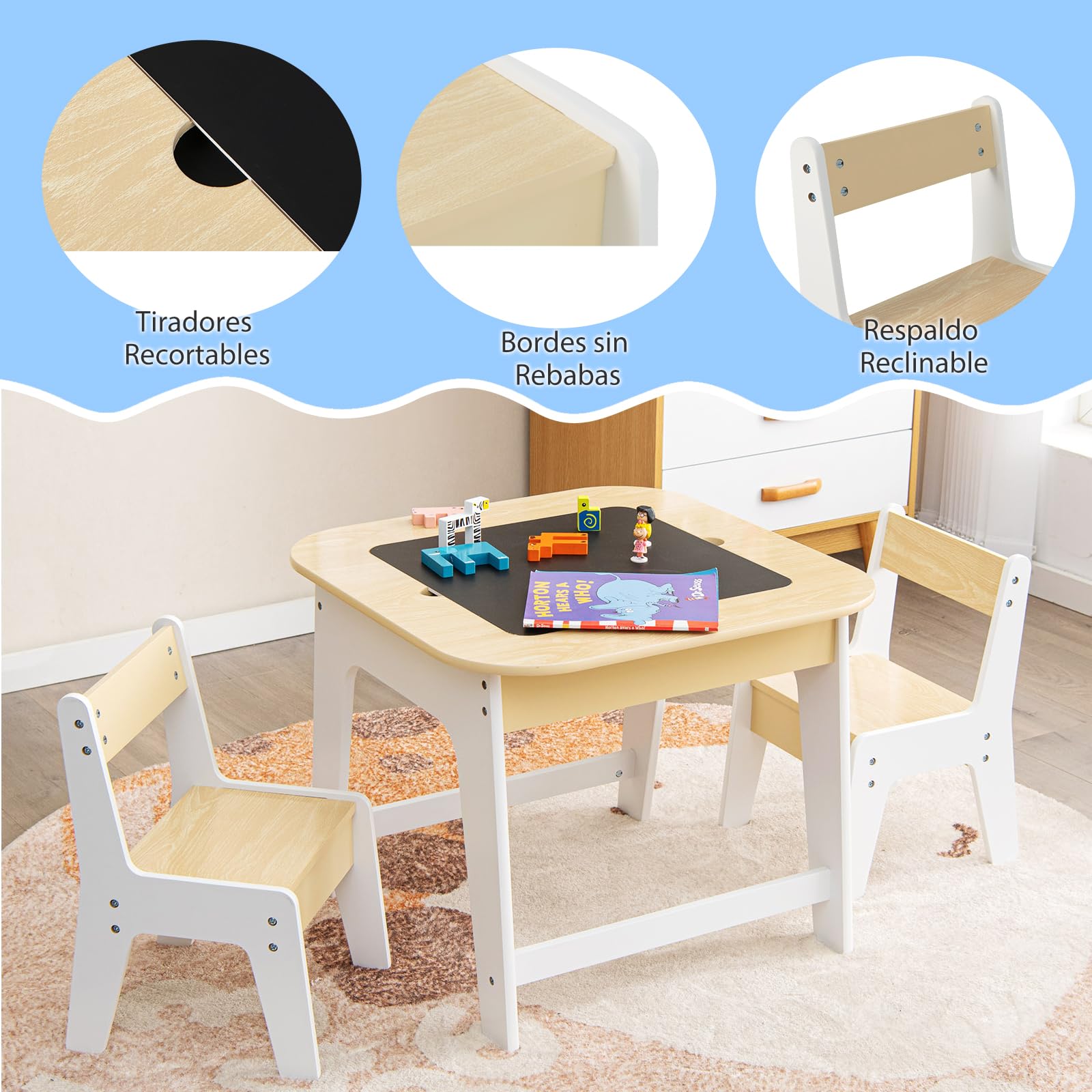 LIFEZEAL Juego de Mesa Infantil con 2 Sillas, Mesa de Actividad con Pizarra Doble Cara, Mesa Cuadrada con Tablero Extraíble y Almacenamiento Oculto, Conjunto de Mueble para niños (Natural+Blanco)