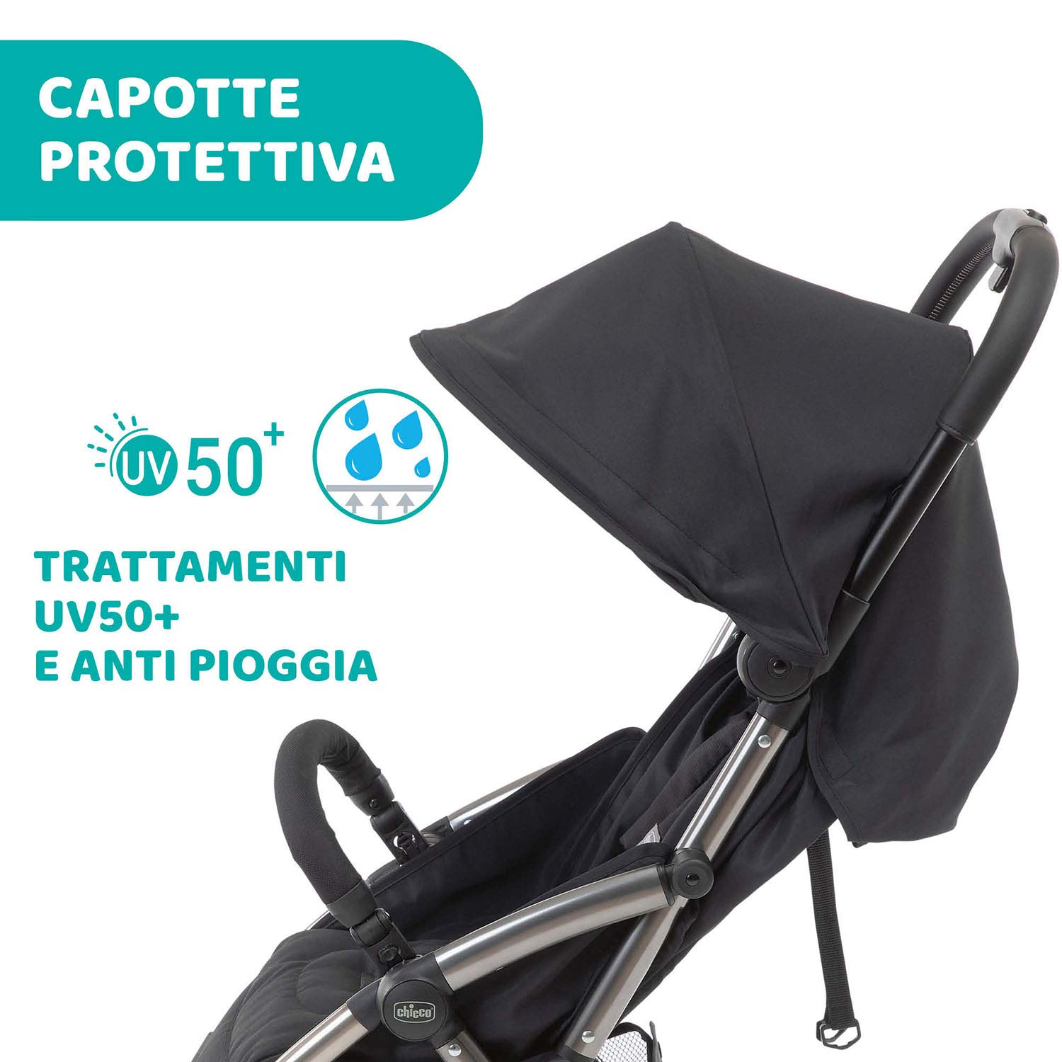 Chicco Cheerio Passeggino Leggero e Compatto da 0 mesi a 15kg (portata max 18kg), Passeggino Pieghevole, Posizione Nanna, Chiusura Automatica in 1 Gesto, Capotte Parasole e Parapioggia, Nero