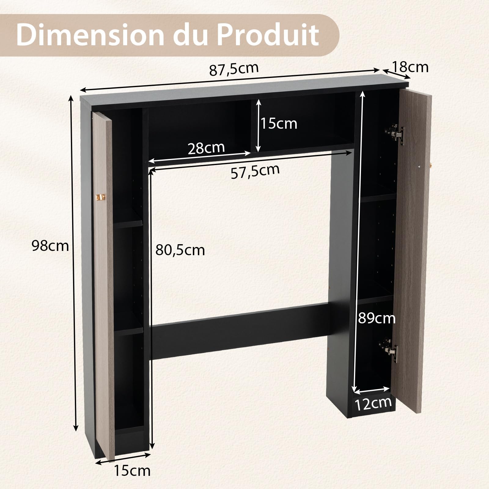 COSTWAY Meuble WC Au-Dessus de Toilettes, Meuble de Rangement avec 2 Compartiments Ouverts, 2 Placard avec 4 Étagères Réglables, Dispositif Anti-basculement, 18 x 87,5 x 98 cm (Gris+Noir)