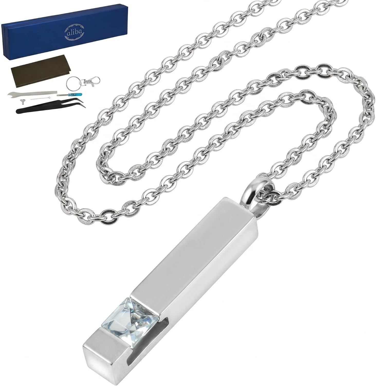 [aliba] 遺骨ネックレス バー×ジルコニア シルバー×シルバー サージカルステンレス 金属アレルギー対応 手元供養 防水 納骨セット付