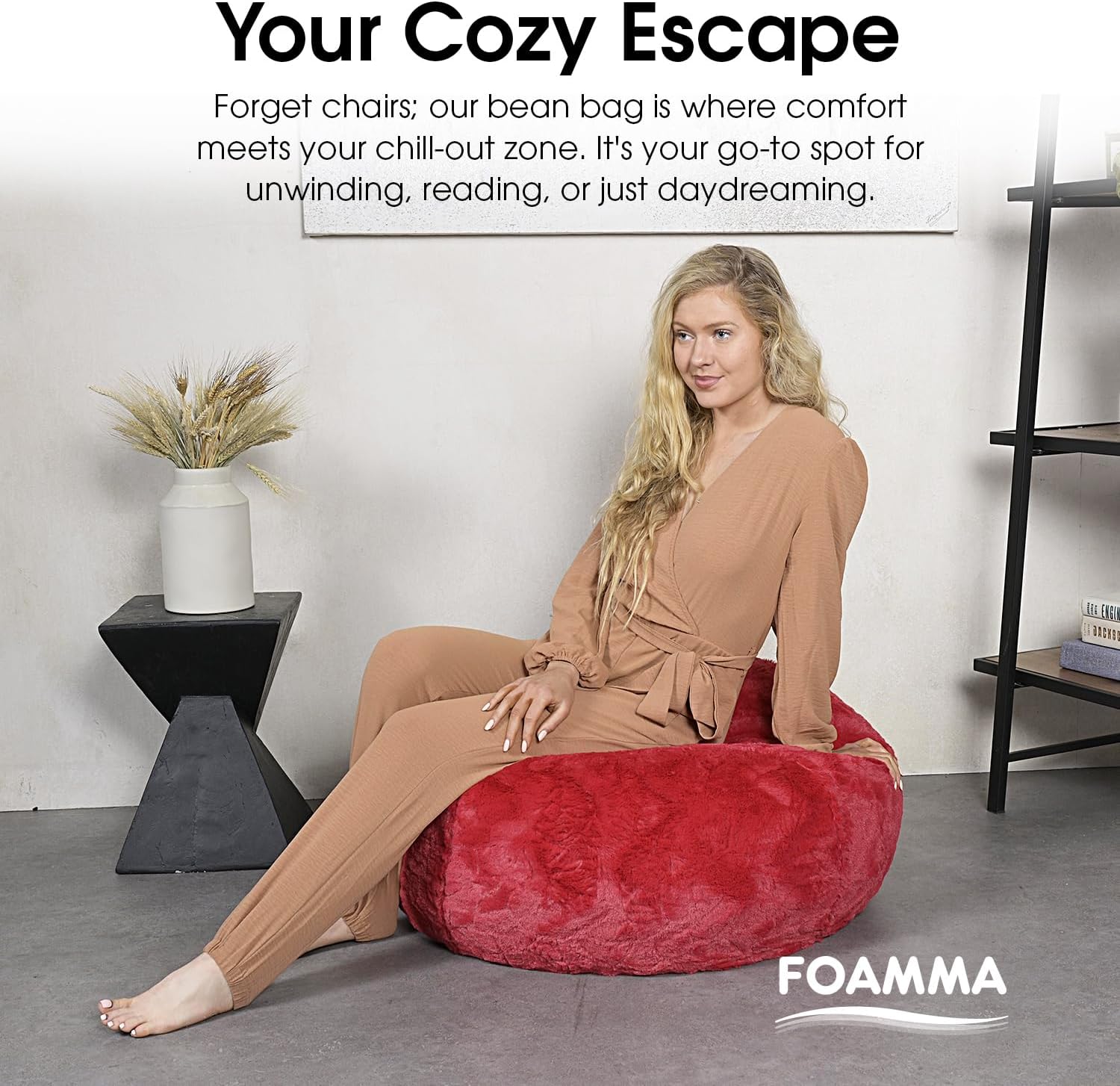 Foamma Faux Fur Bean Bag Chair, Red - 3ft Plush Floor Chair for Kids and Adults with Washable Cover, Lounge Chair with Stretchable Fabric, Comfy Chair with Faux Fur Cover, Bedroom Chair