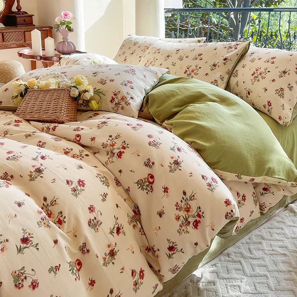 Nayoroom Vintage Floral Duvet Cover Set Queen Size Beige Blossom Flower Printed Reversible Green Comforter Cover 3 Pieces Soft Lightweight Microfiber Cottagecore Bedding with Zipper Closure-image-25
