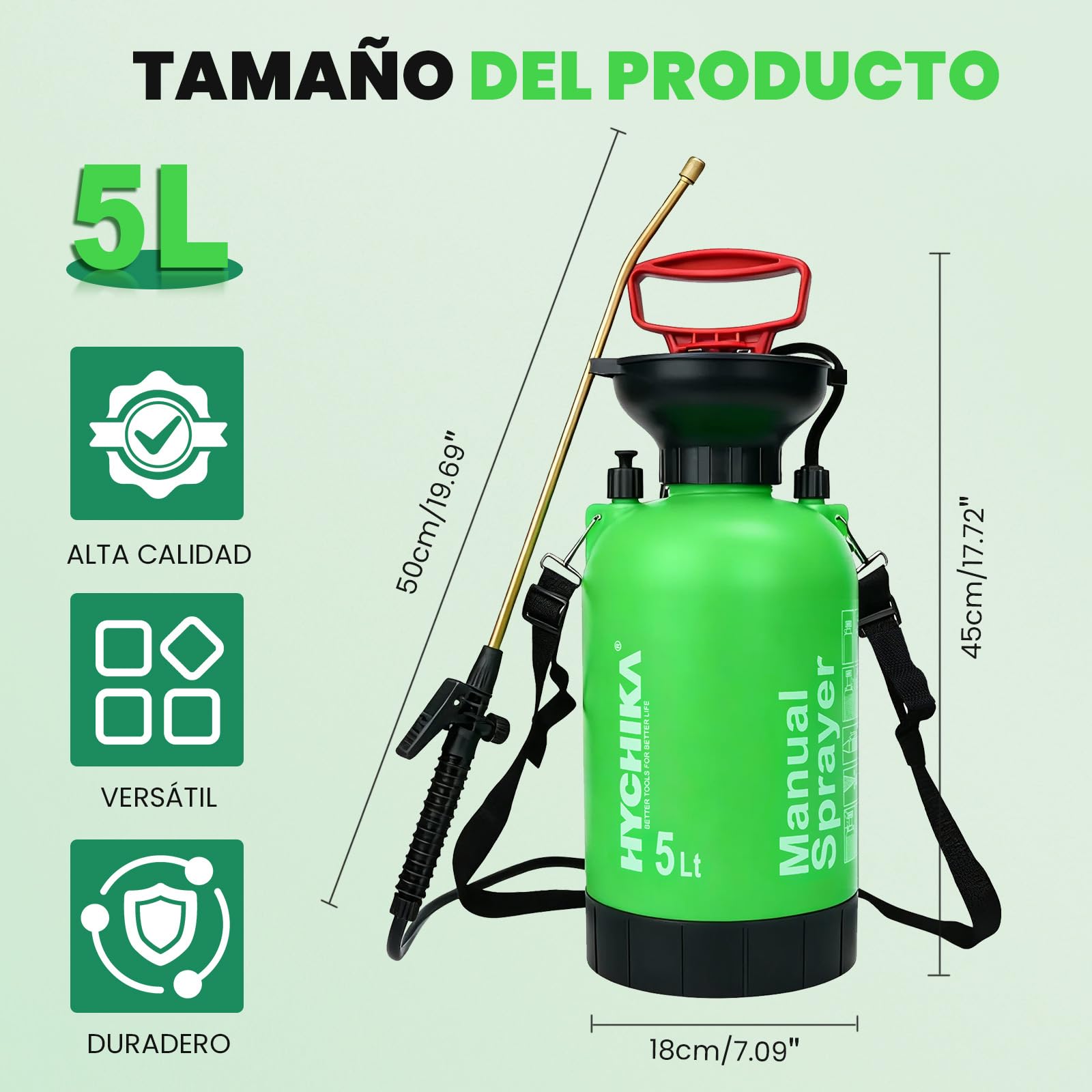 HYCHIKA Pulverizador a Presión 5L, Sulfatadora Manual 5 litros, Mochila Fumigadora Pulverizador Plantas, Lanza de Acero Inoxidable, Boquillas Regulables, para Riego de Plantas y Cuidado del Jardín