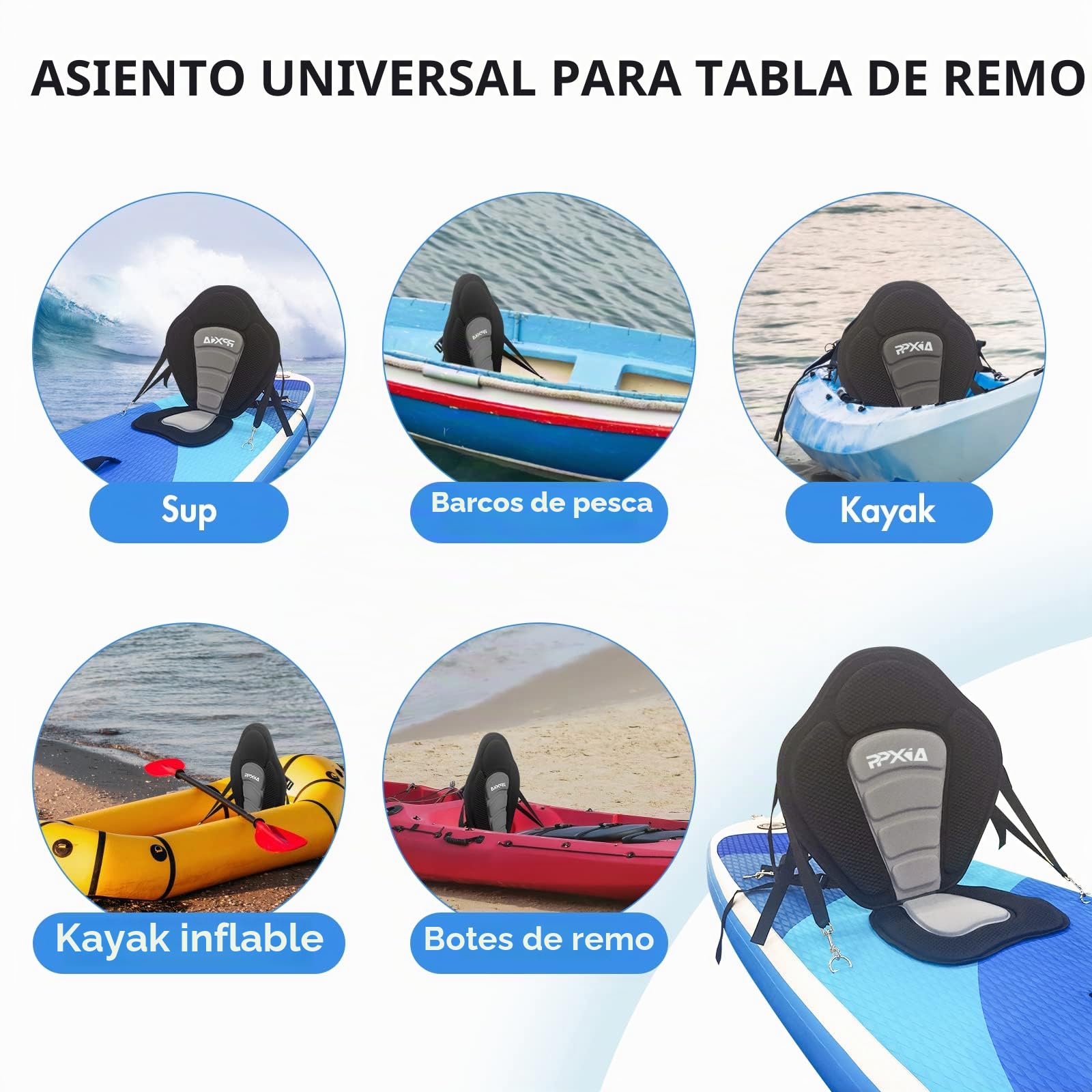 Silla de kayak universal desmontable ajustable - Accesorio para tabla SUP Tabla de pie de paddle board Asiento acolchado 32x38cm, reposabrazos 51x45cm - Compatible con kayak, botes de remo