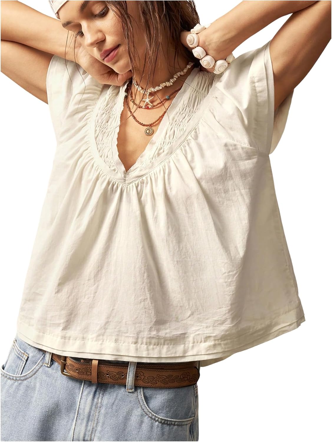 SOLY HUX Women's V Neck Short Sleeve Blouse Summer Boho Loose Shirts Crop Tops Aesthetic Clothes