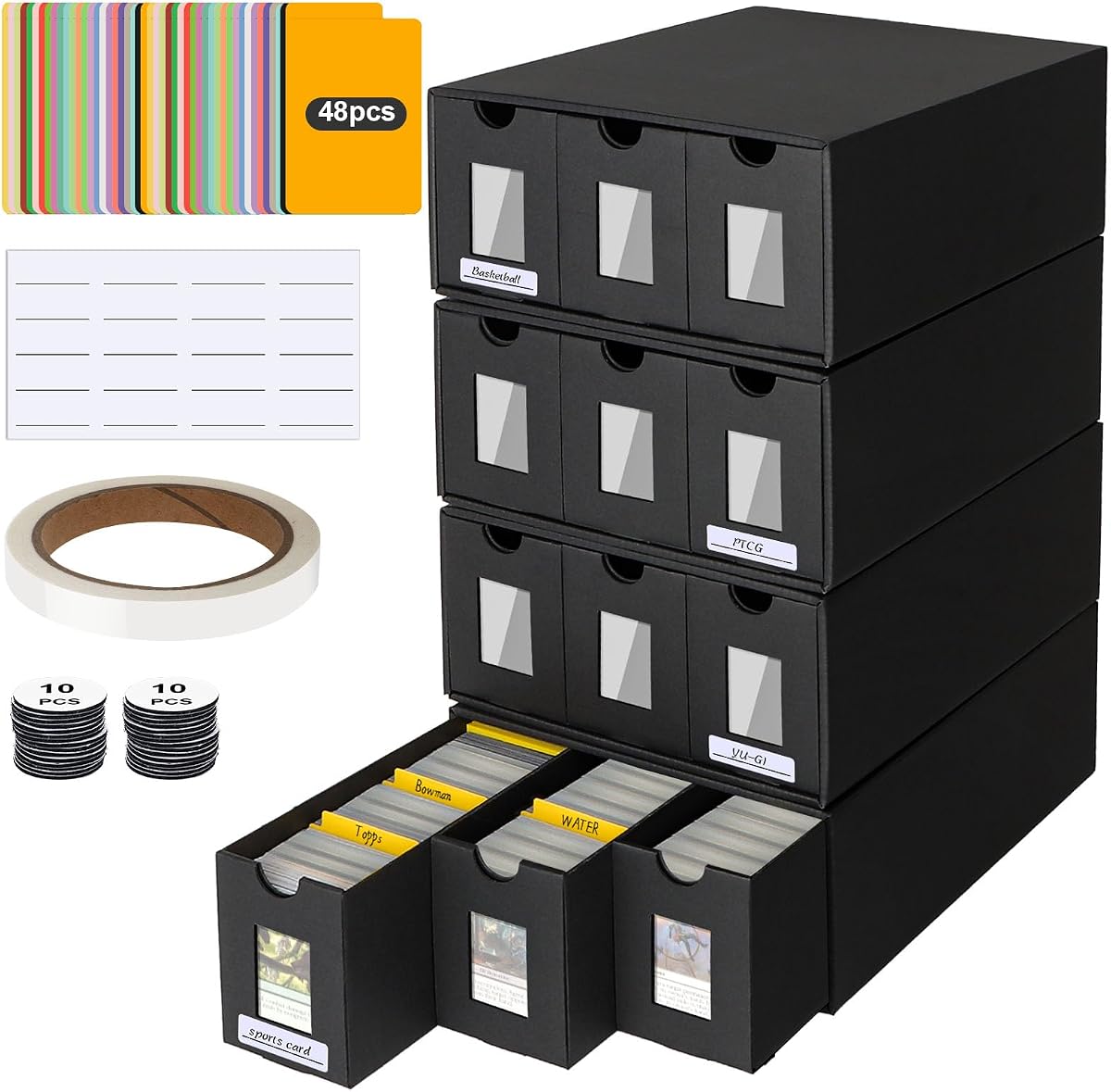 Caja de almacenamiento de tarjetas coleccionables para Commander Display, organizador de más de 12000 tarjetas coleccionables, caja de cartón con 48 divisores, etiquetas y cintas, compatible con TCG, PTCG, MTG y tarjetas deportivas